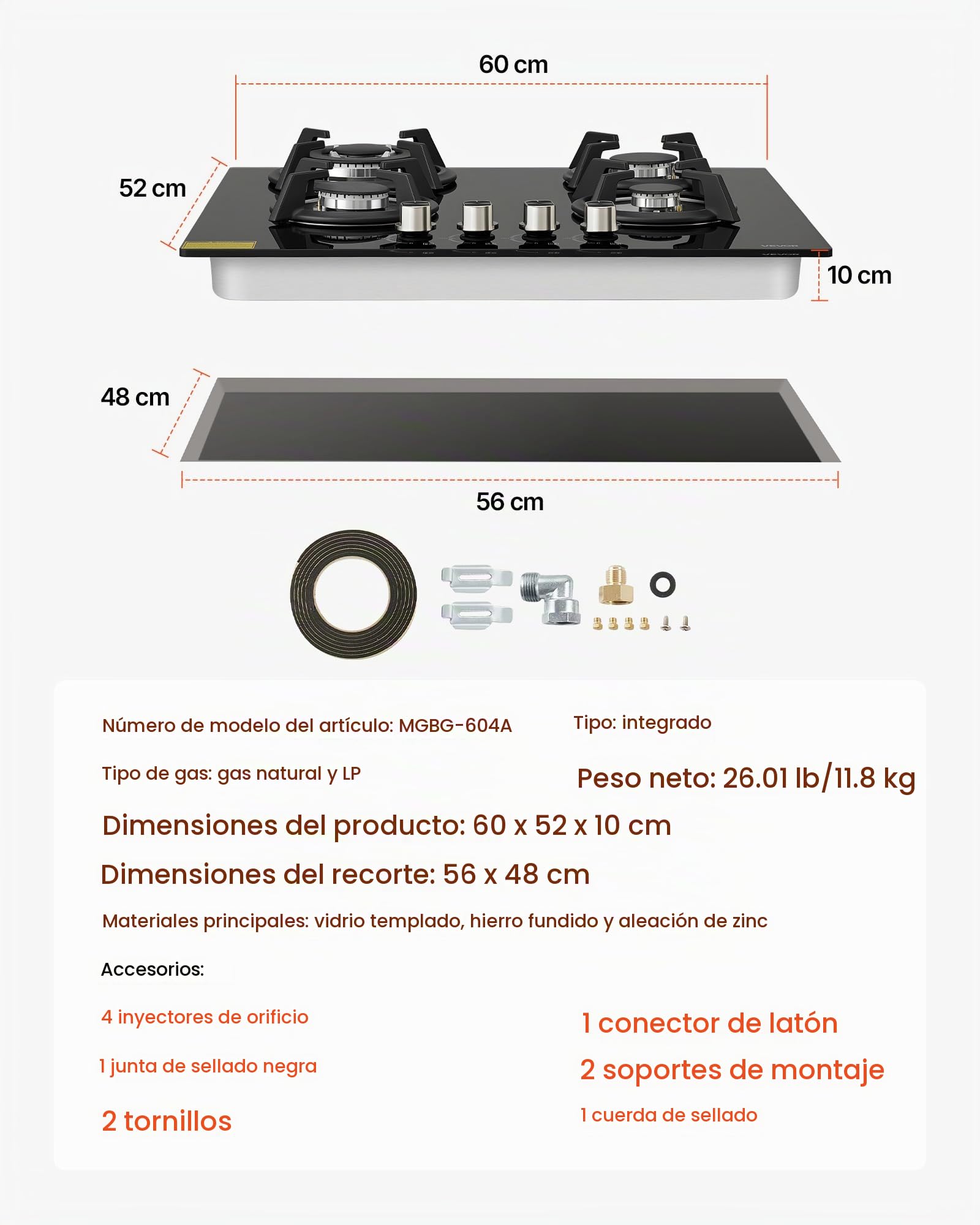 VEVOR Placa de Gas con 4 Fuegos 560 x 480 mm, Placa de Cocción de Gas Máx. 7,8 kW, Placa de Vidrio Templado Integrada, Convertible a GLP, GN, con Protección de Termopar para Sellar, Guisar, Hervir