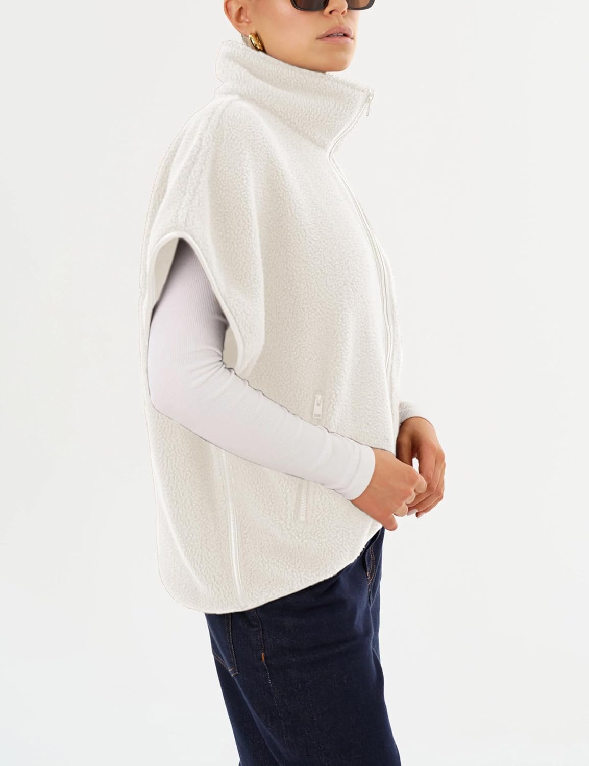 Lianlive Women's Sherpa Fleece Vests Oversized Stand Collar Fuzzy Polar Jacket Casual Zip Up Outerwear Vest with Pockets - Image 5
