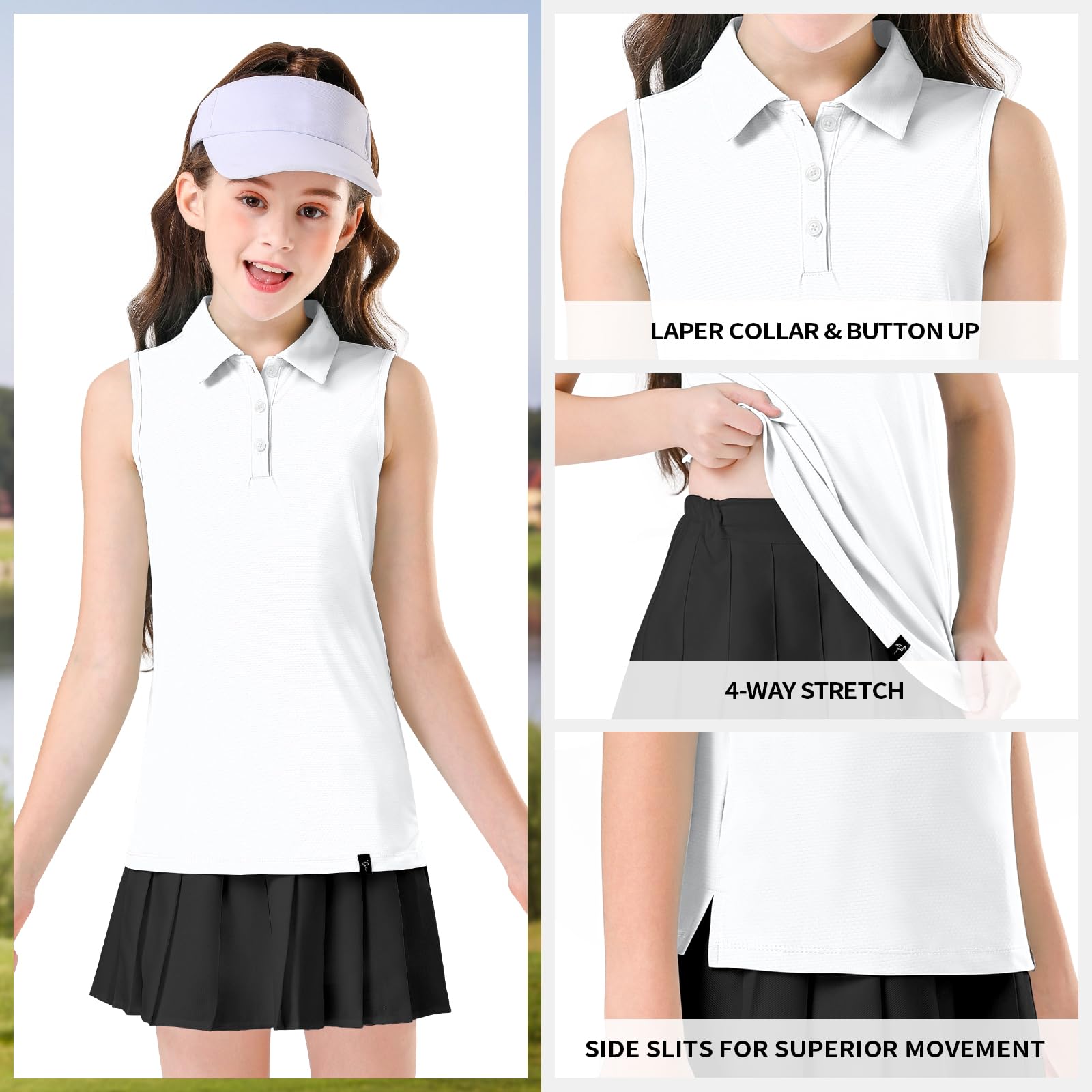 Girls Golf Shirts Sleeveless Polo Tank Tops White Polo Shirts 8-10 Years