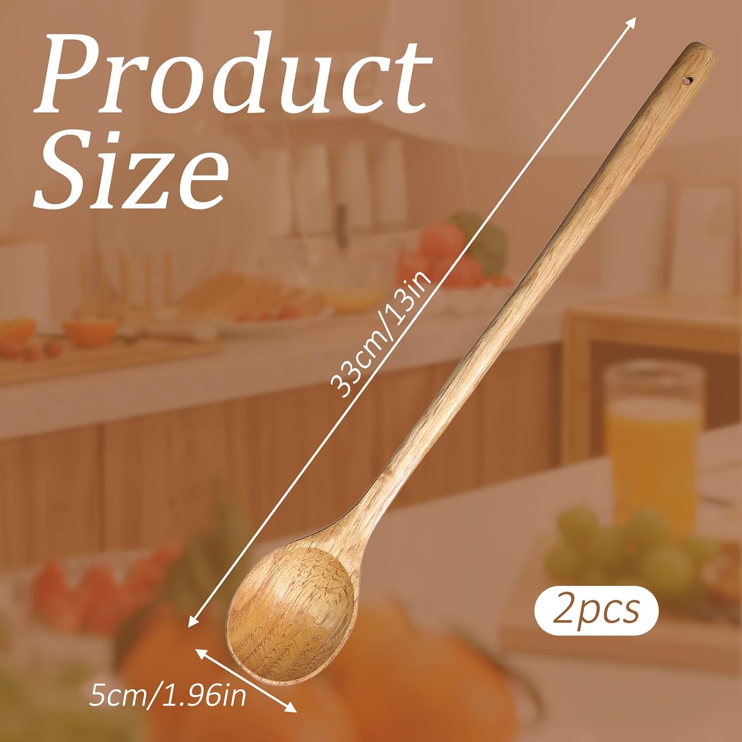 Long Wood Cooking spoon, 2 Pcs 13 Inches Long Handle Spoons, Mixing spoons Tasting Spoons for Mixing, Tasting Stirring food, Large Wooden Cooking Utensils for Cooking and Crafts