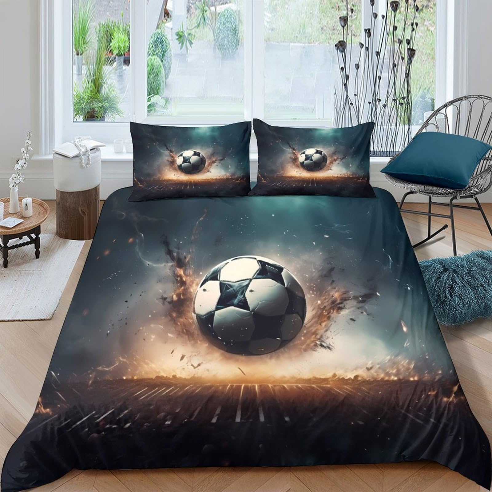 Ctjqhvkz Style-10 3D Printed Soccer Explosion Fitted Sheet Microfiber Soft Black White Football Bed Cover For Bedroom Dorm Mattress Decor Single（135X200cm）