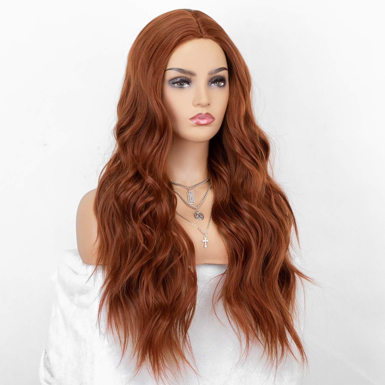 Kryssma Copper Red Wig with Middle Parting #350 Long Wavy Synthetic Wigs for Women Heat Resistant - Image 3