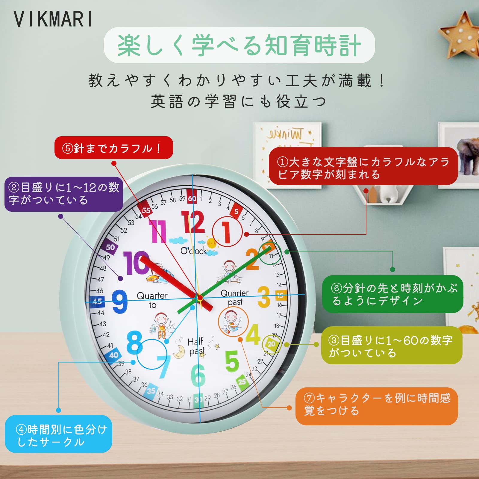 Amazon.co.jp: 知育時計 時間学習 掛け時計 カラフル 子供用 壁掛け