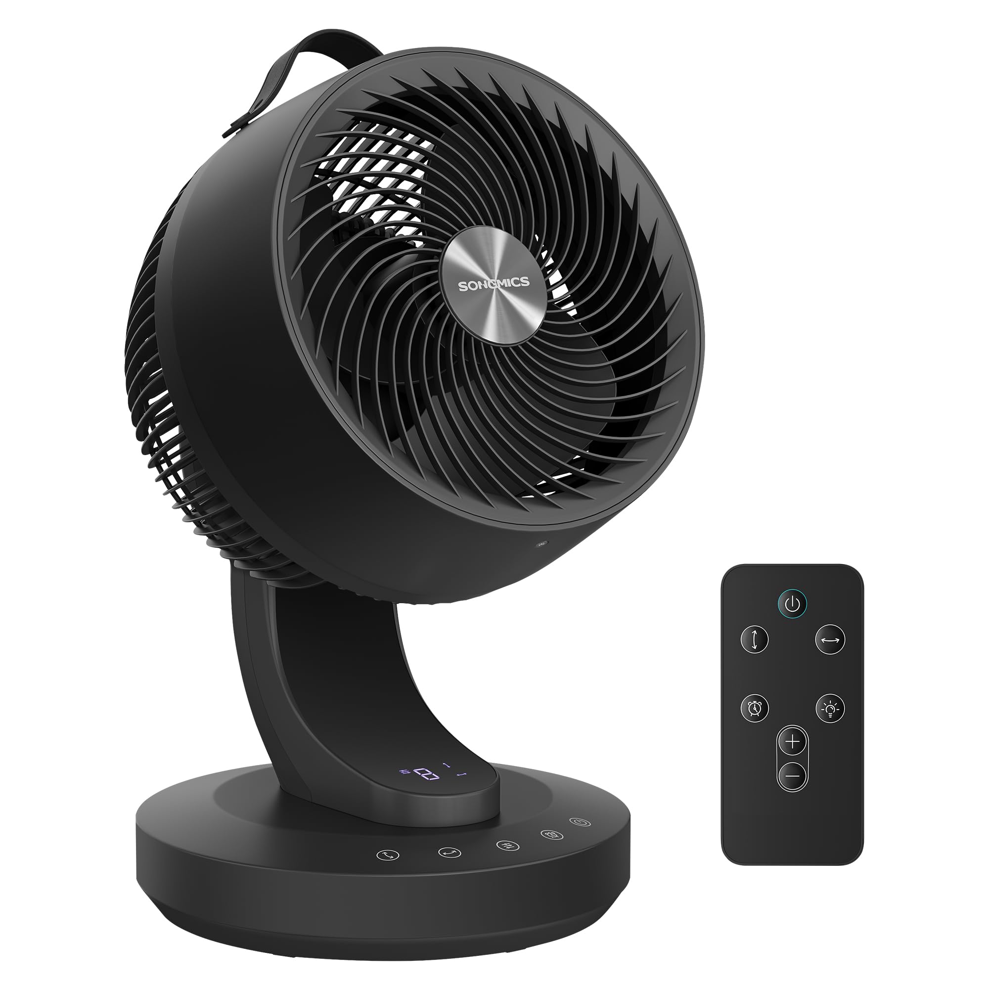 SONGMICS Ventilador de Mesa Silencioso 20 dB, Pantalla LED y Mando a Distancia, Oscilación 70°, 8 Velocidades, Temporizador 12 Horas, Circulación de Aire, Negro Tinta XFC001B1EU