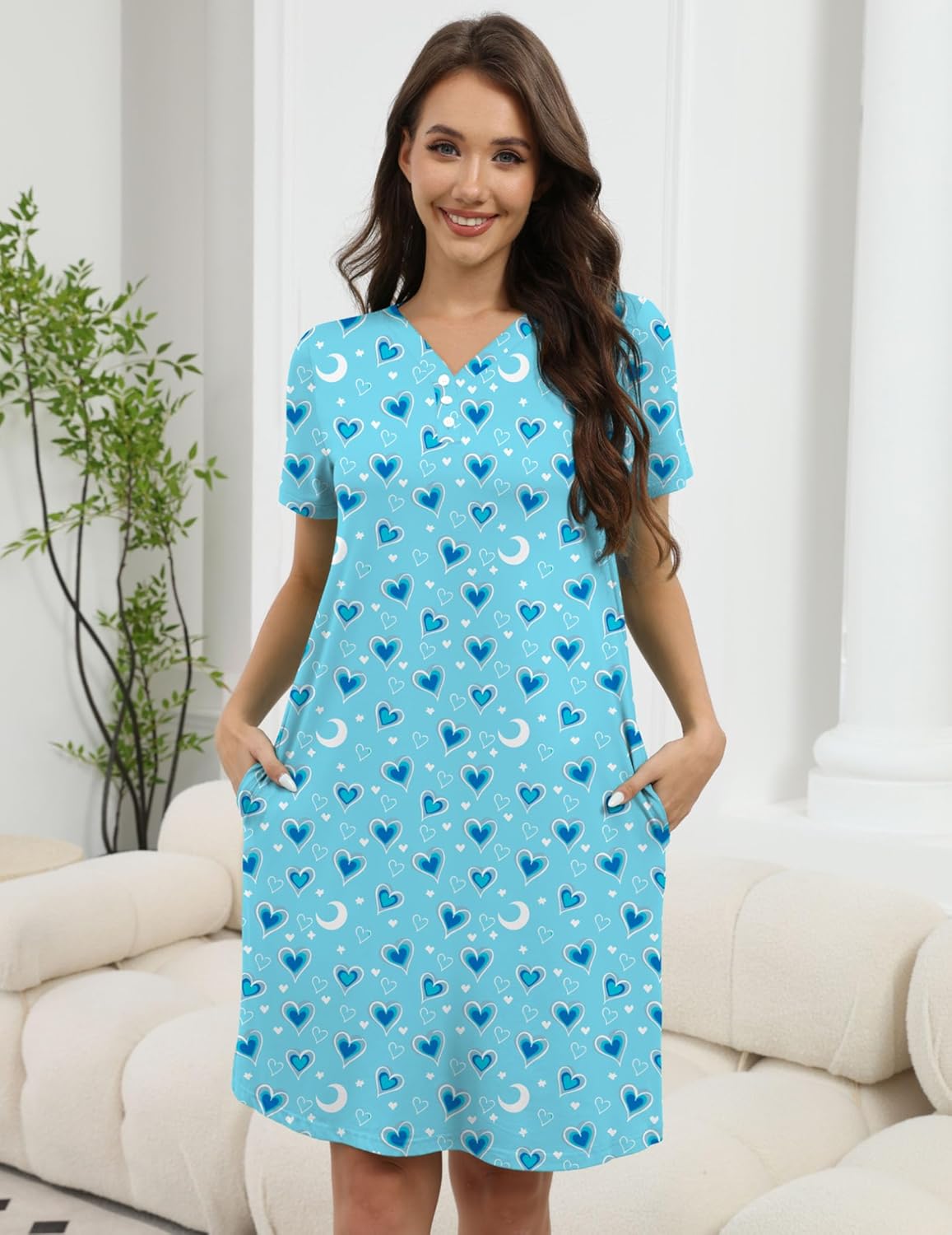 Women's Nightgowns Sleepwear Short Sleeve V Neck Loose Casual Night Shirts Sleep Dress 3 Button Neck with Pockets - Image 2