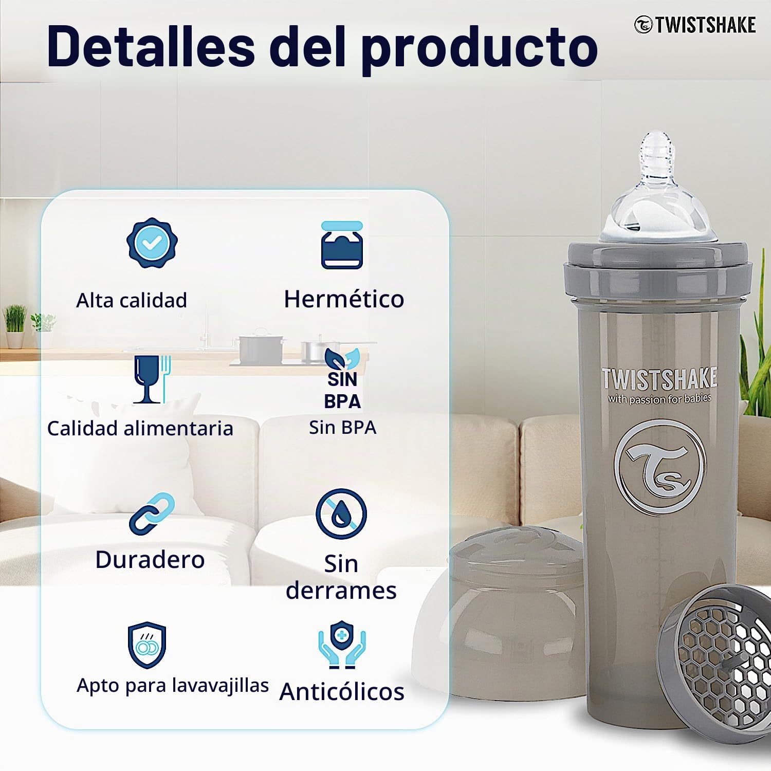 Twistshake 2x Biberón Anticólico Con Contenedor De Leche En Polvo Y Mezclador - 330ml | Tetina De Silicona De Flujo Rápido | Biberón Sin BPA | 4+ Meses | Gris