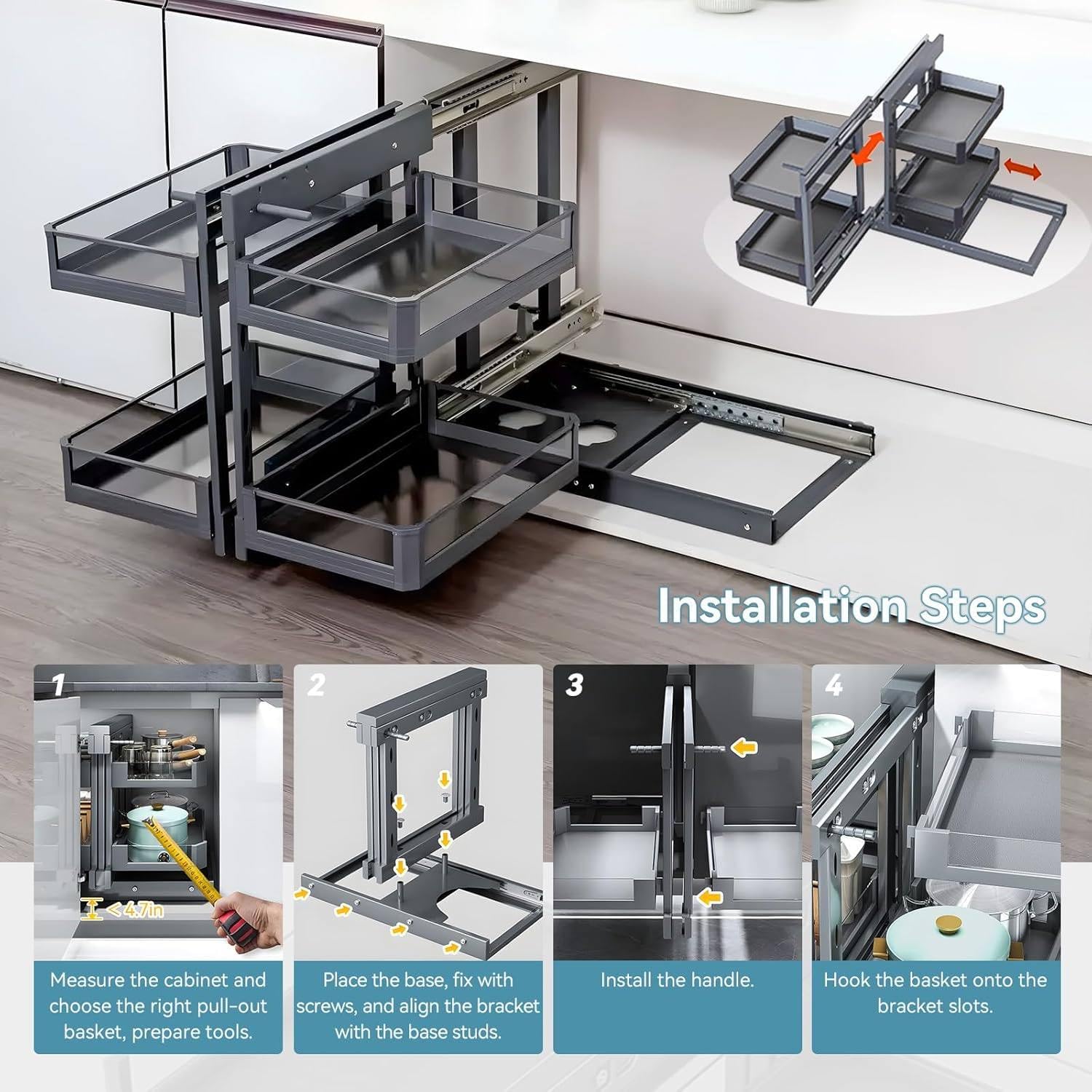 Extraíble ciego esquina organizador con 2 niveles y 4 estantes cestas de metal para cocina o baño almacenamiento optimizado ahorra espacio fácil acceso.