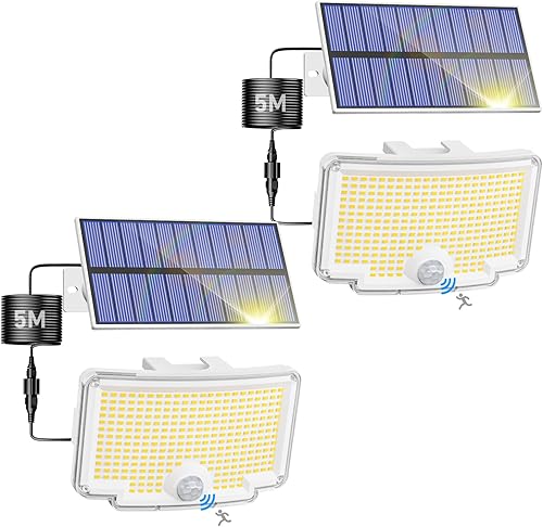 Miniatura 12 de Peasur Paquete de 2 luces solares con sensor de movimiento para exteriores, 318 luces LED solares de seguridad con 3 modos, luces de inundación
