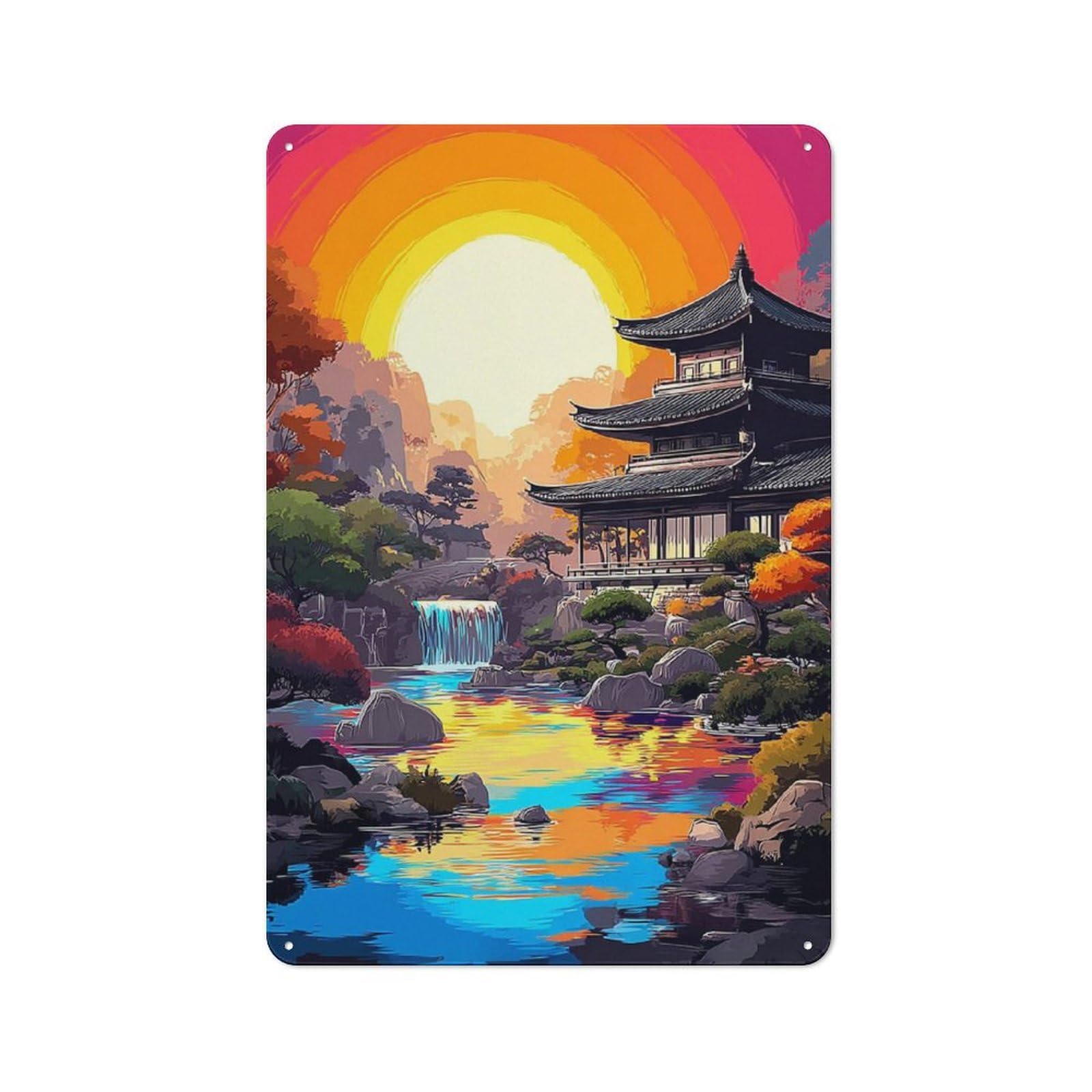 Junmoney Serene Sunset In Traditional Japanese Garden For Hobby Room Or Studio, Rustic Metal Sign 30X20cm, For Creative Interior Collectors Refreshing A Room In Autumn