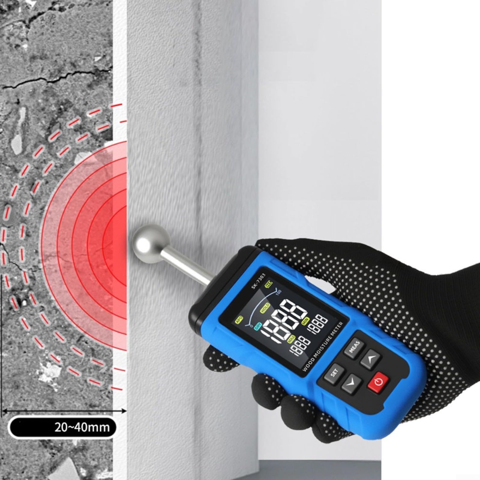 Medidor de humedad no destructivo para paredes y madera, medidor de humedad digital de alta precisión con sensor esférico para inspección de edificios