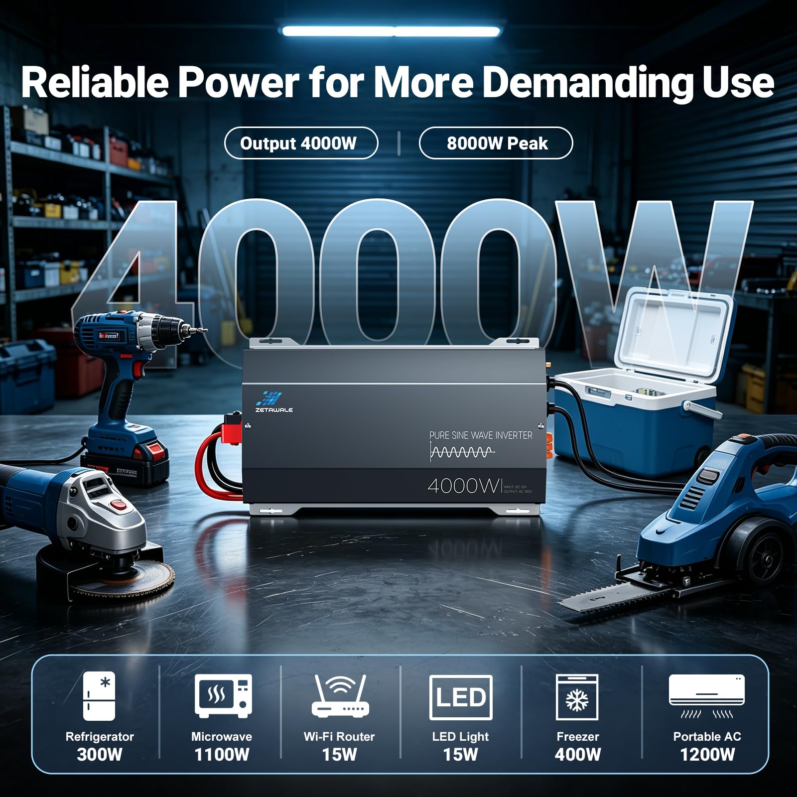 Inverter a onda sinusoidale pura da 4000 W, da 12 V CC a 110 V, 120 V CA, inverter di potenza di picco 8000 W, con 4 prese AC, porta USB di tipo C, display LCD con telecomando per camion