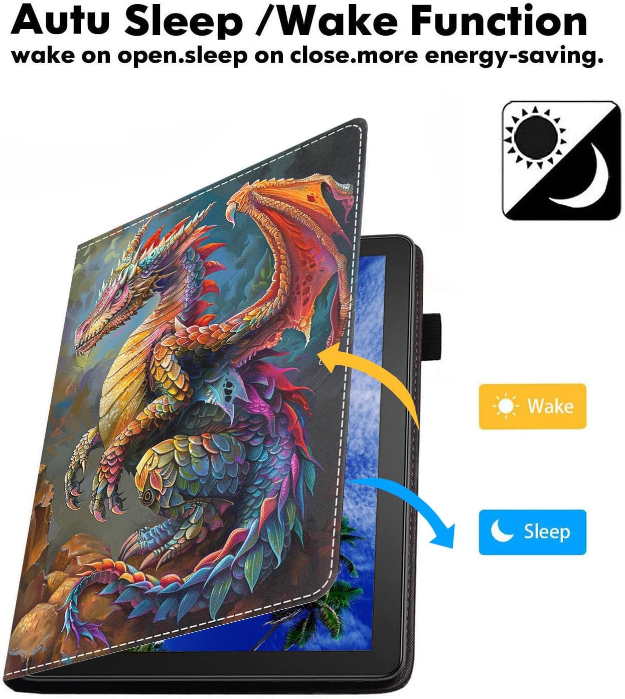 Case for Amazon Fire HD 10 Tablet (9th/7th Generation, 2019/2017 Release), Slim PU Leather Cover with Card Slot & Auto Wake/Sleep for Fire 10.1" Tablet, Colorful Dragon