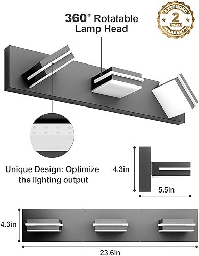 Miniatura 4 de VOLISUN Moderna lámpara de tocador de baño (3 luces, 24 pulgadas), accesorios de iluminación LED de baño negro mate sobre el espejo, cabezal