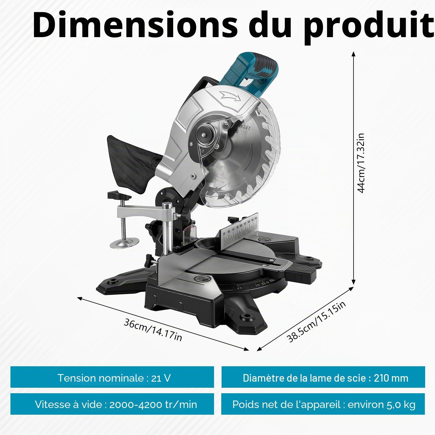 Scie à Onglet Coulissante pour Makita Batterie, Scie à Onglet Sans Fil Professionnelle, Plateau de Table en Aluminium Moulé Sous Pression, Coupe Biseautée de 0 à 45°, Lame de Scie Ø210mm