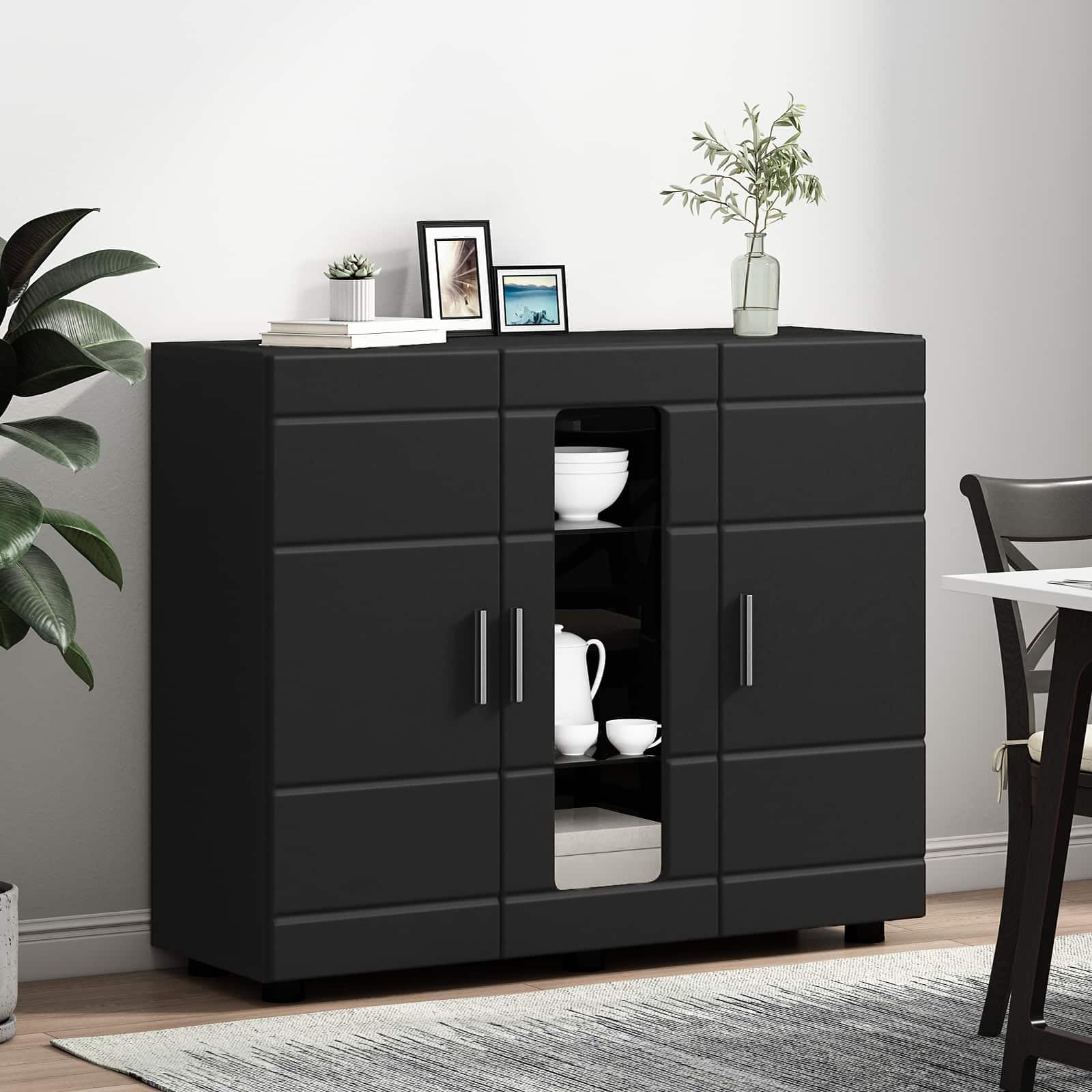 Armadio in legno nero con 3 ante, 2 cassetti e 3 ripiani, opaco, contenitore funzionale per soggiorno, ufficio, combinabile con parete e mobili multimediali