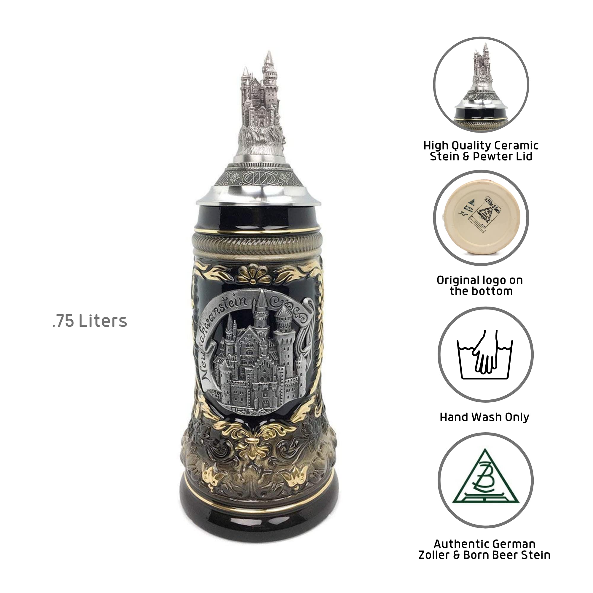 Neuschwanstein .75L German Made Collectible Ceramic Beer Stein with Lid made by Zoller & Born Made in Germany Mug