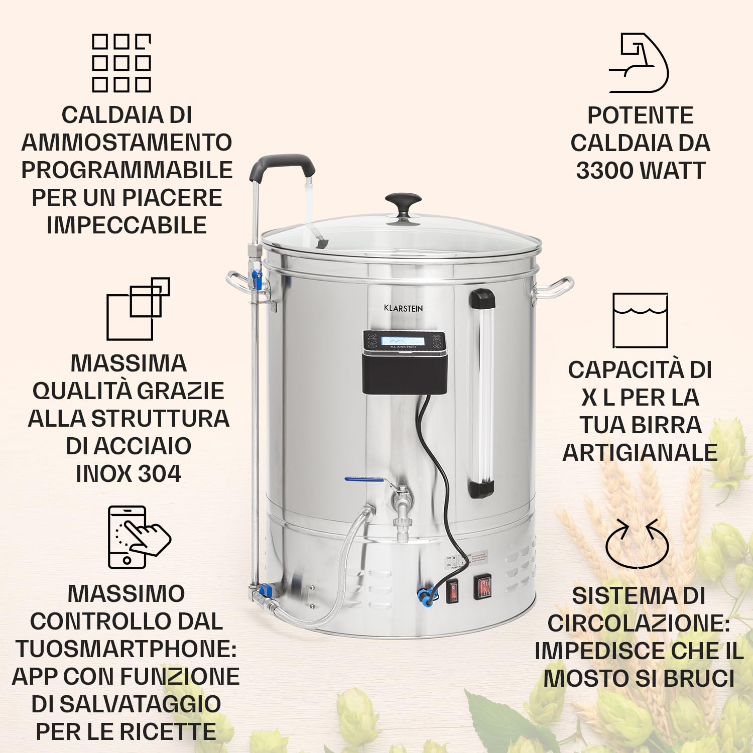 KLARSTEIN Kit Birra Artigianale Completo, Fermentatore Birra da 65L, Kit per Fare la Birra in Casa in Acciaio Inossidabile, Kit Birra Fai da Te, modalità Automatica, 3300W, Auto-Mode, Smart App