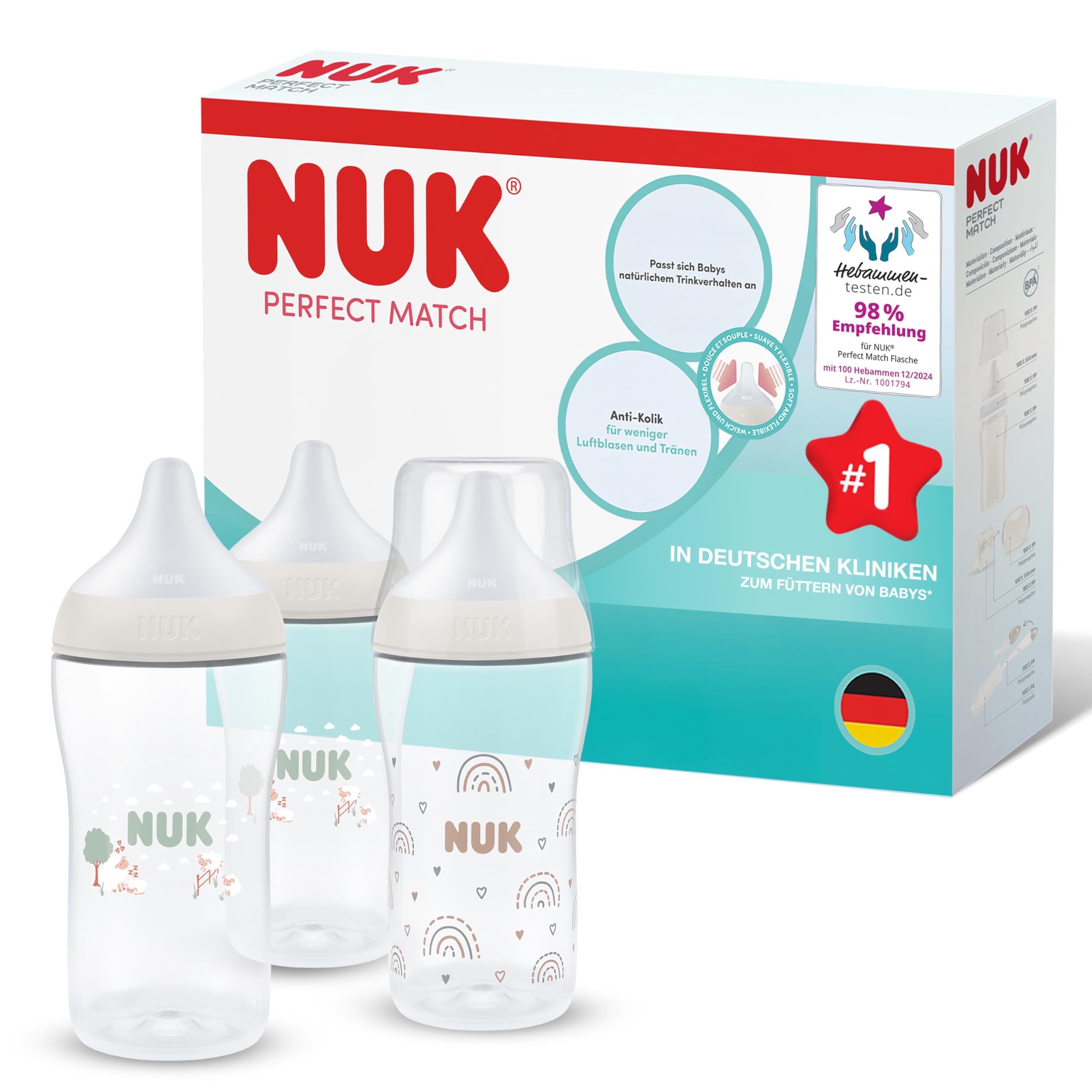 NUK Perfect Match Babyflaschen | 3+ Monate | 260 ml | Anti-Kolik-Babyflasche | PP | Temperature Control Anzeige | Regenbogen/Schaf | 3 Stück