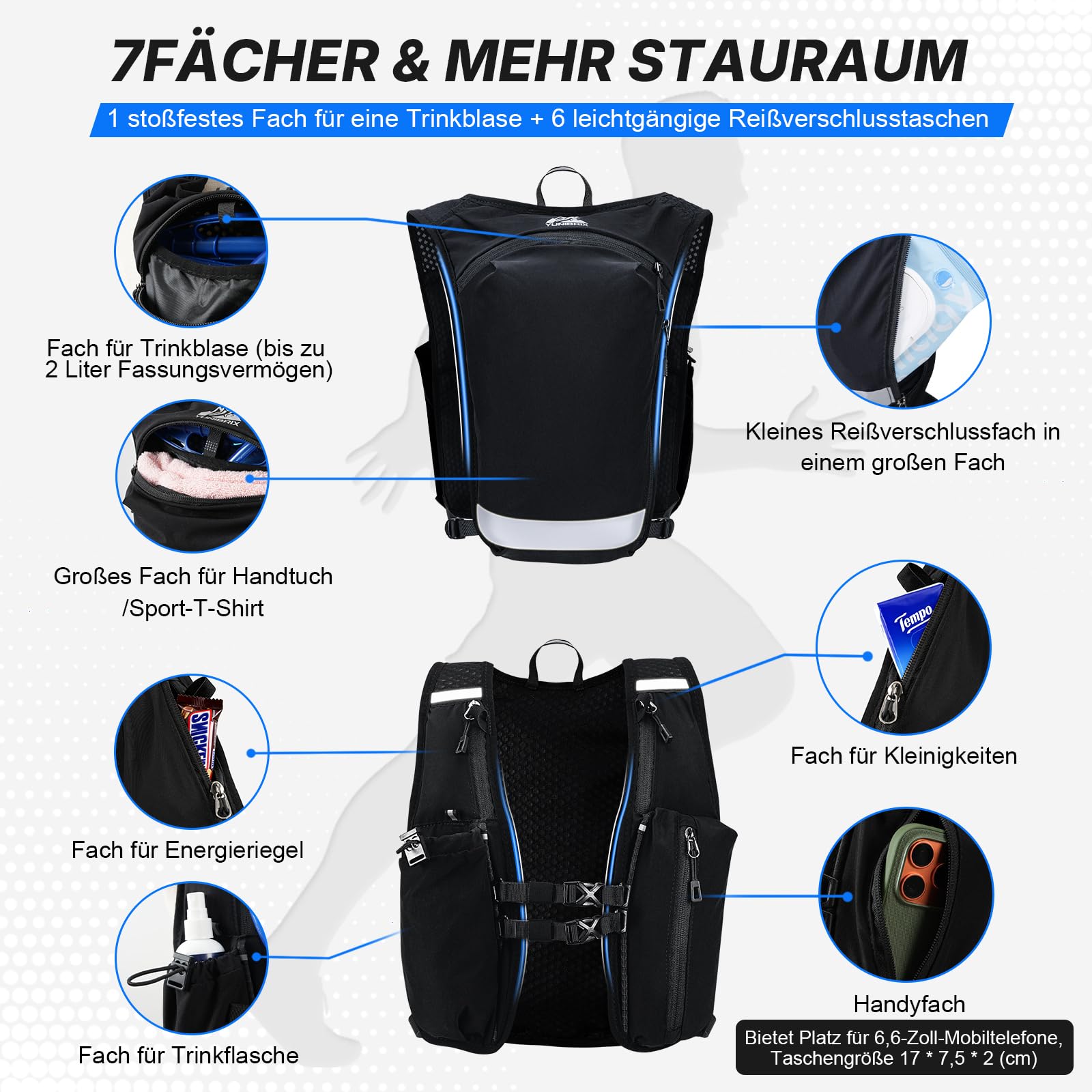 Kamizelka do biegania dla mężczyzn i kobiet, kamizelka z bukłakiem 2L i kieszenią na telefon, regulowanym paskiem piersiowym, z odblaskowymi paskami do biegów górskich, pieszych wędrówek, maratonów i
