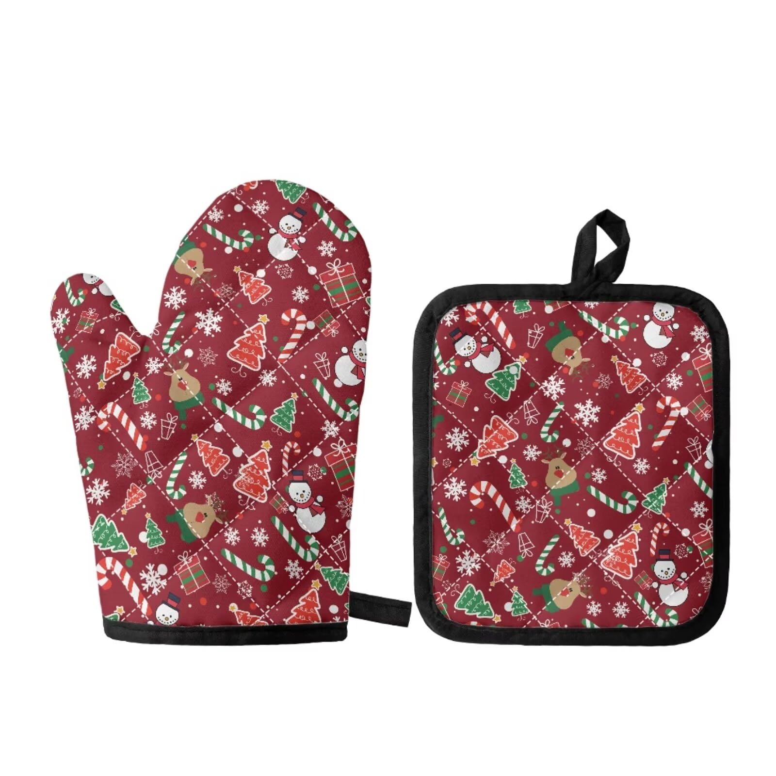JOAIFO Christmas Oven Mitts and Potholders Insulated Glove Bowl Holder Set of 2 Pack Insulated Gloves & Counter Mats, Christmas Decorations Indoor, Snowman Elk Red