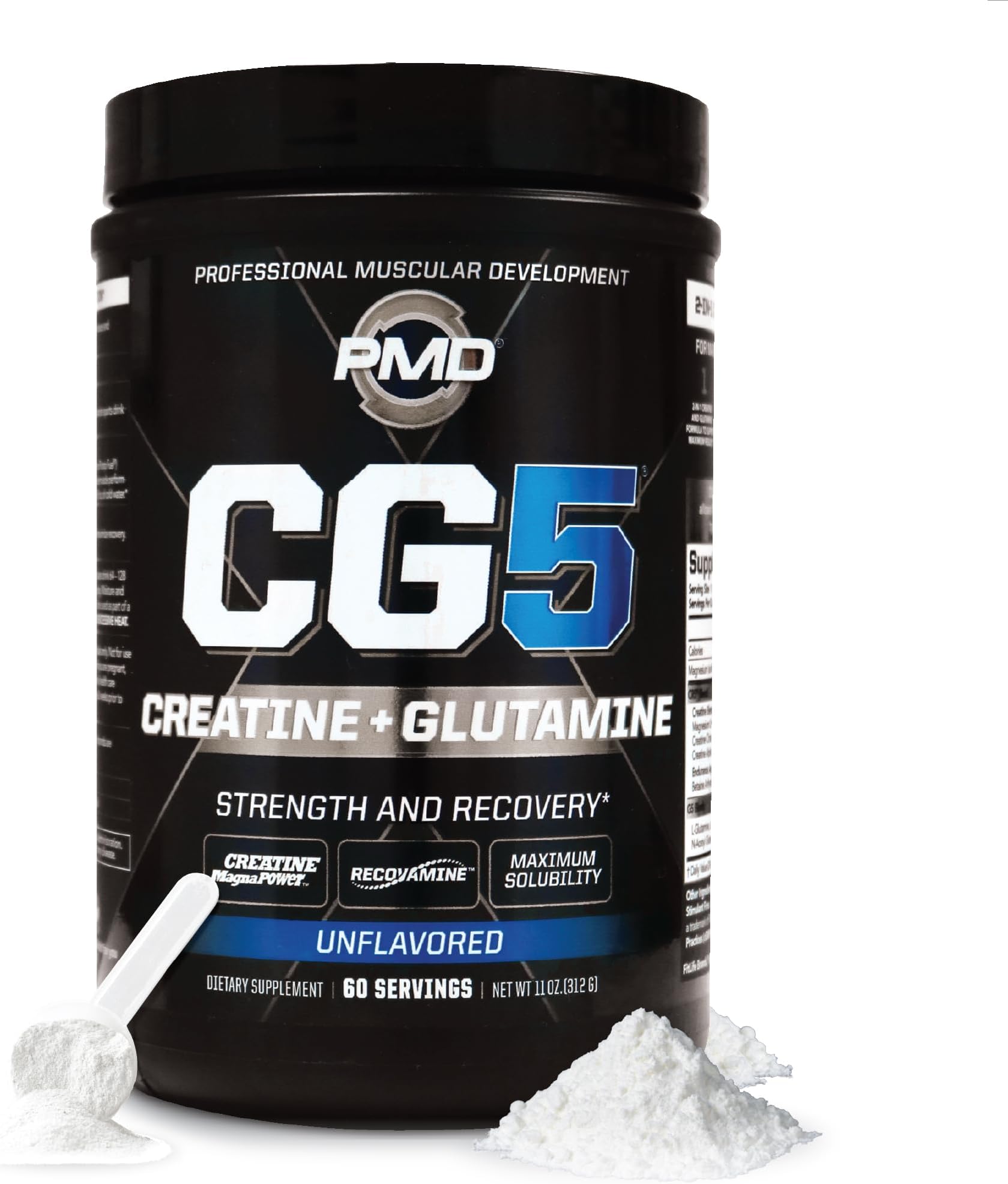PMD Sports CG5 Premium Creatine & L Glutamine Powder, Power Recovery, Build Lean Muscle, Increase Workout Performance, Maximum Strength Pre Workout & Post Workout, Unflavored, 60 Servings