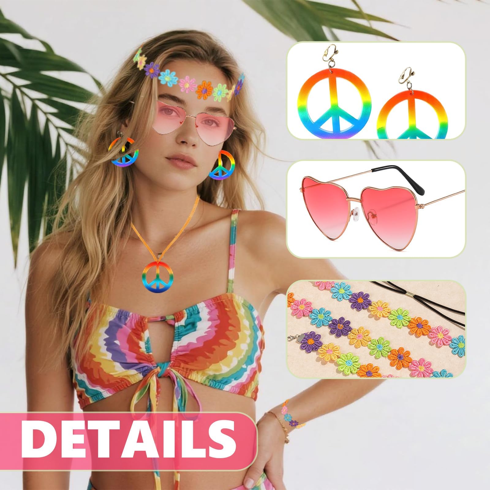 7 Pcs Hippie Accessories Set, 70s Fancy Dress Women Accessories Include Flower Crown Headband Wristband and Hippie Sunglasses - Image 3