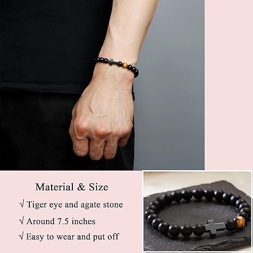 Miniatura 2 de Cross Bracelet for Men to Dad Son Grandson Husband Godfather Uncle Nephew Brother Gift Inspirational Tiger Eye Bead Elastic Healing Bracelet