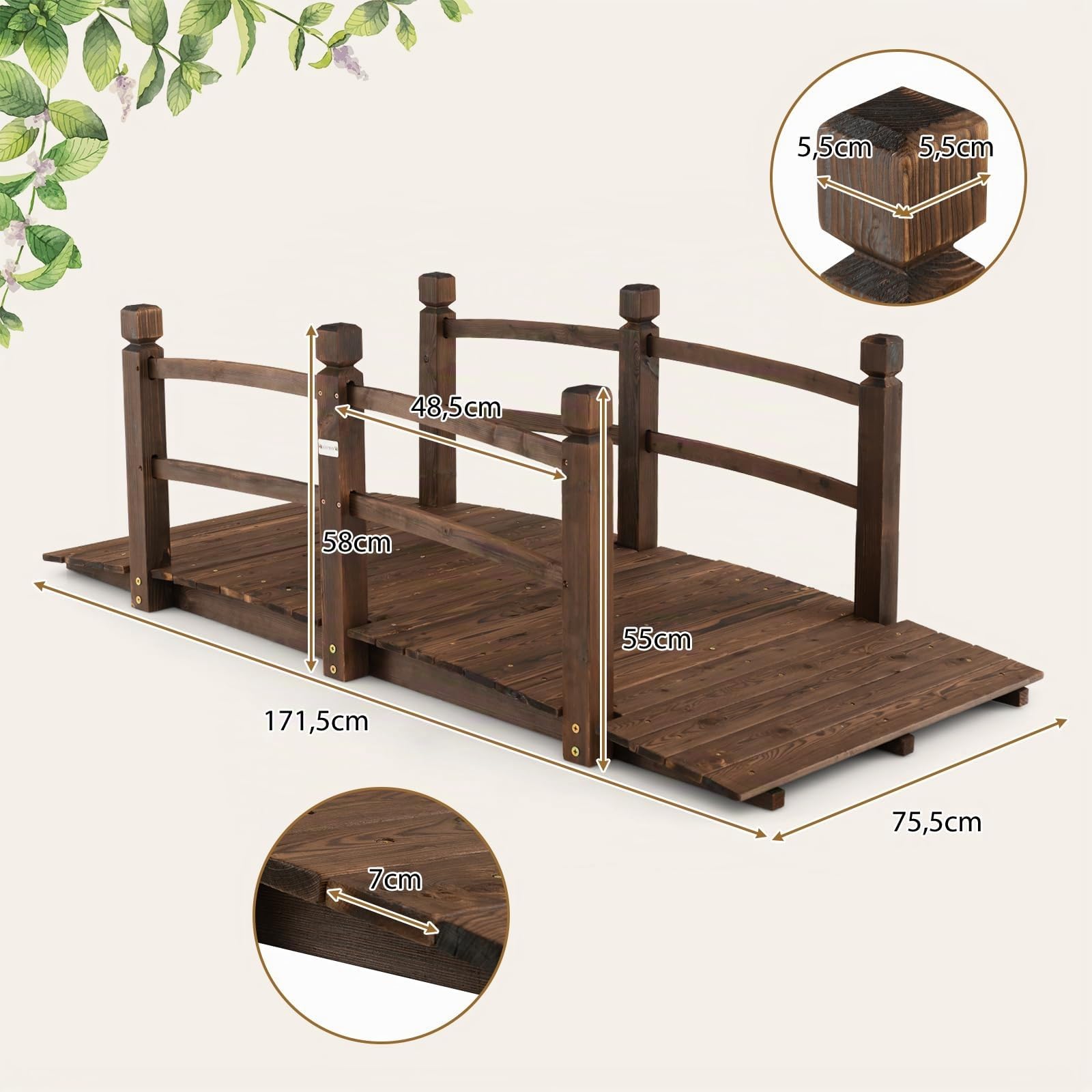 COSTWAY Pont de Jardin en Sapin Carbonisé Charge Maximale 150KG, Pont sur Étang 171x76,5x58,5CM avec des Garde-Corps de Sécurité, Décoration du Jardin pour Patio Cour
