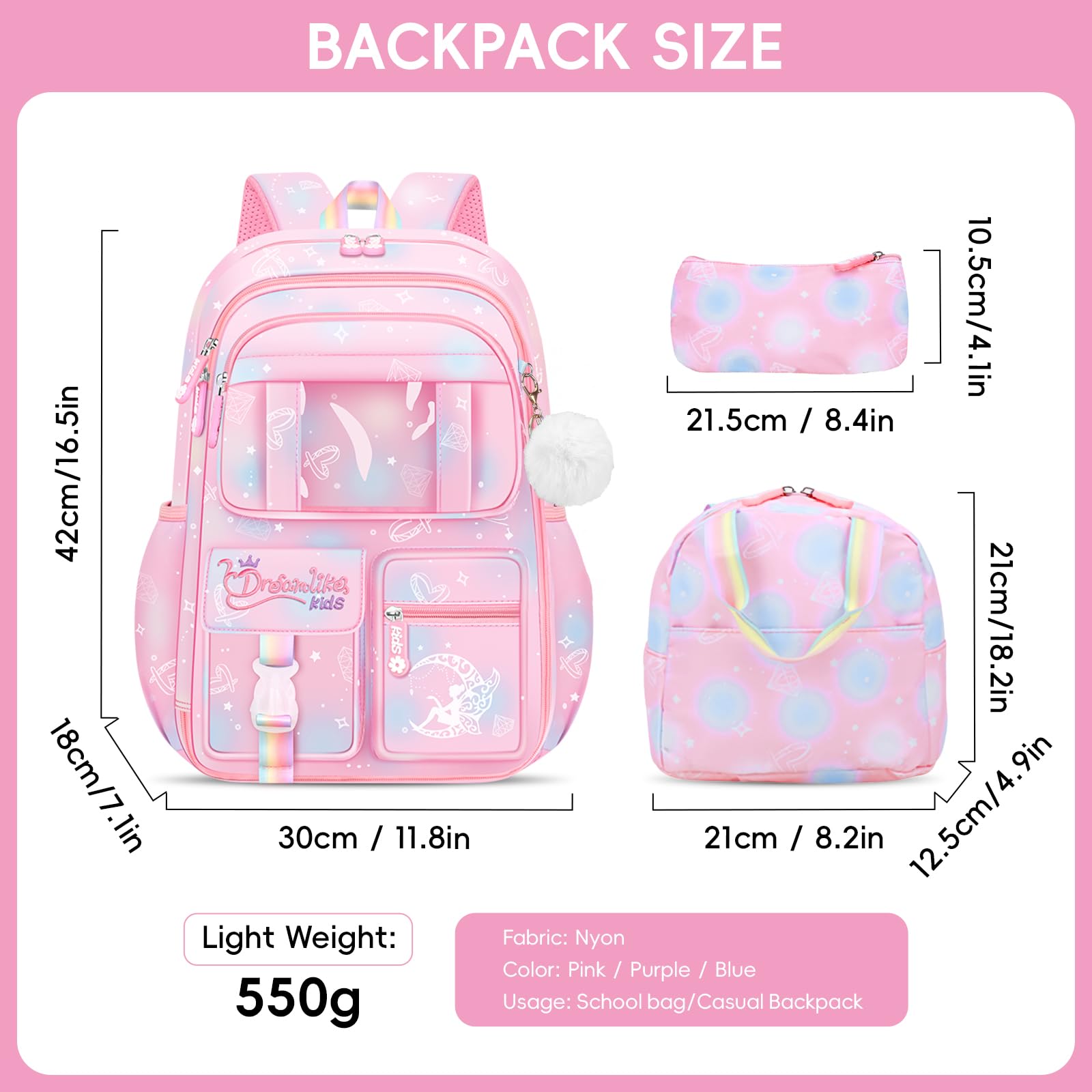 Amythe Schulrucksack Mädchen Set 3 in 1 mit Lunchtasche Federmäppchen | Rucksack Schule Kinder 3 Teilig Schulranzen mit Brustgurt Reflektierend, Schultasche Kawaii Wasserabweisend 26L-Rosa
