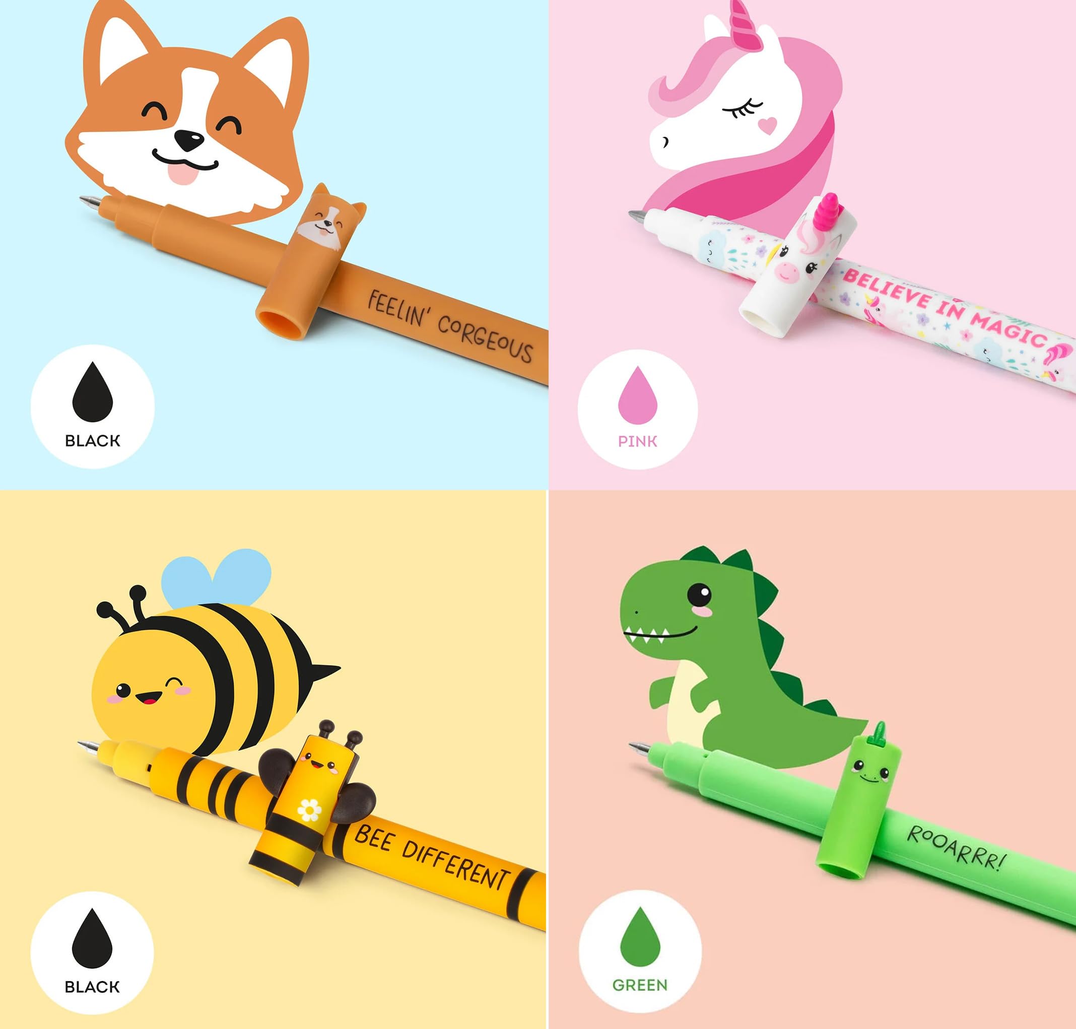Legami Set of 13 Erasable Gel Pens with Thermosensitive Eraser Ink, Various Ink Colors and Shaft Designs, 0.7 mm Tip, Animal Motifs - Image 2