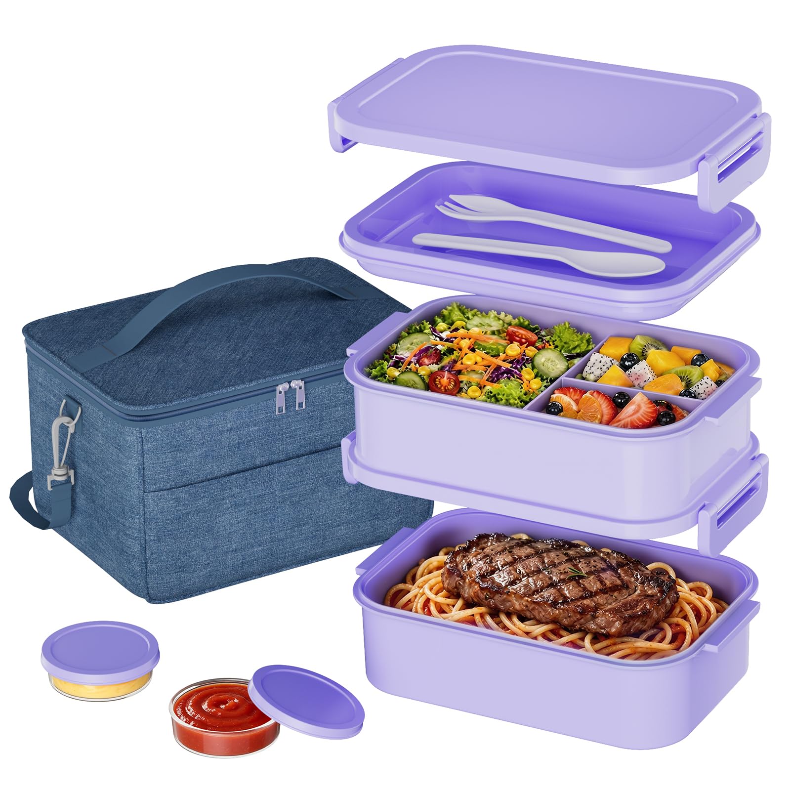 Boîte à bento pour adultes avec sac à déjeuner pour femmes – Boîte à déjeuner empilable tout-en-un pour adultes et enfants – Grande boîte à déjeuner Bento étanche avec fourchette, cuillère, boîte à