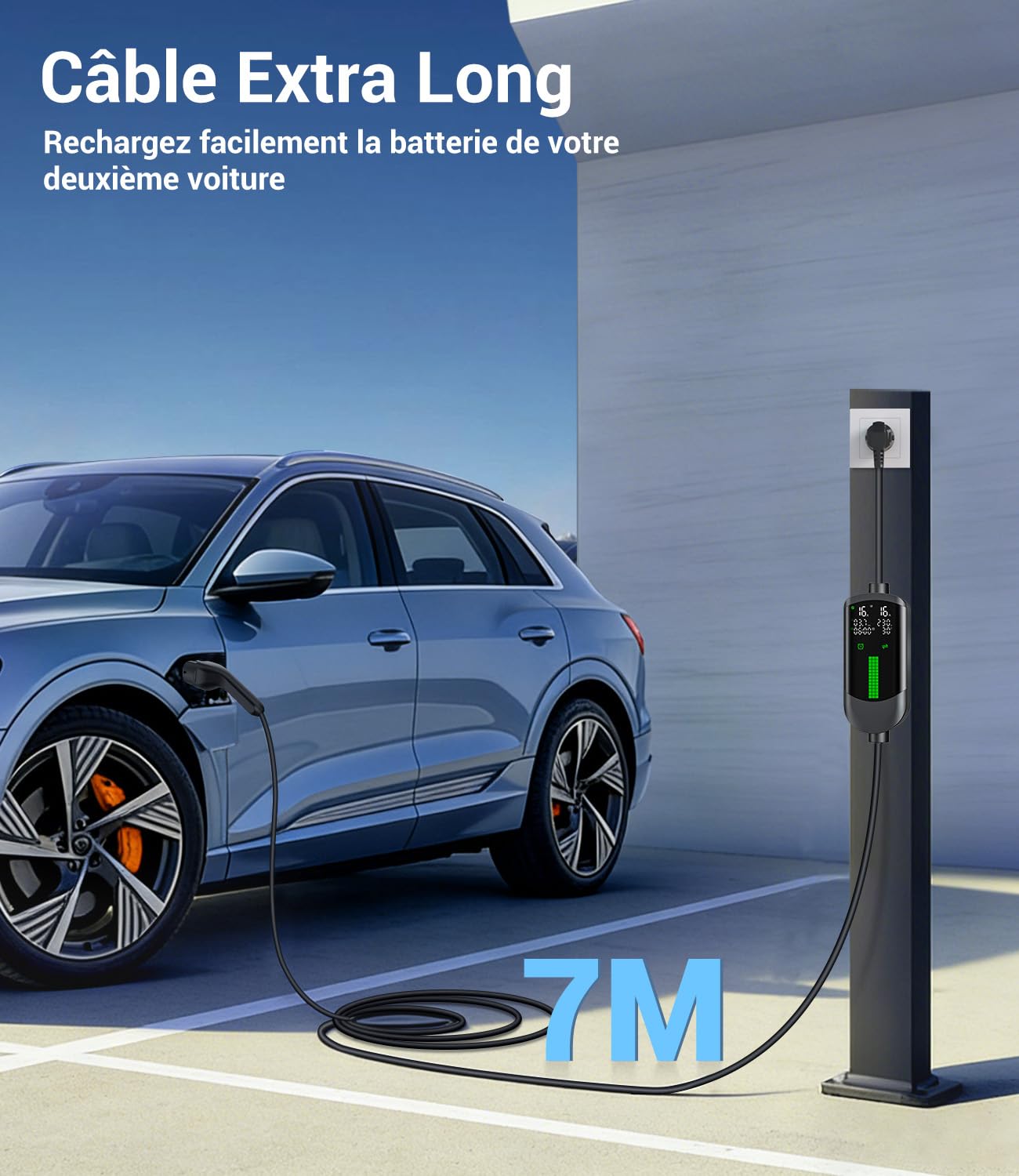 Chargeur Voiture Electrique 3,7kW - 7M/6-16A Cable Recharge Voiture Electrique avec Support Mural Sac, Chargeur Retardé, Numérique LCD, IP65, Compatible avec EVs(IEC 62196-2) & PHEVS