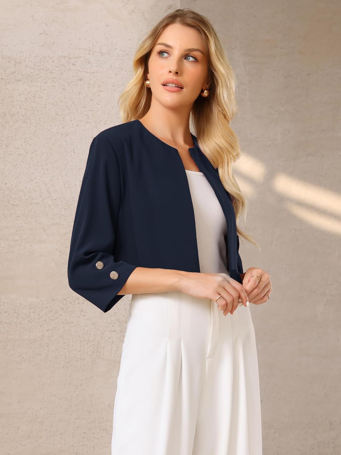 Hobemty Women's Collarless Blazers 3/4 Sleeve Dressy Casual Cropped Jacket