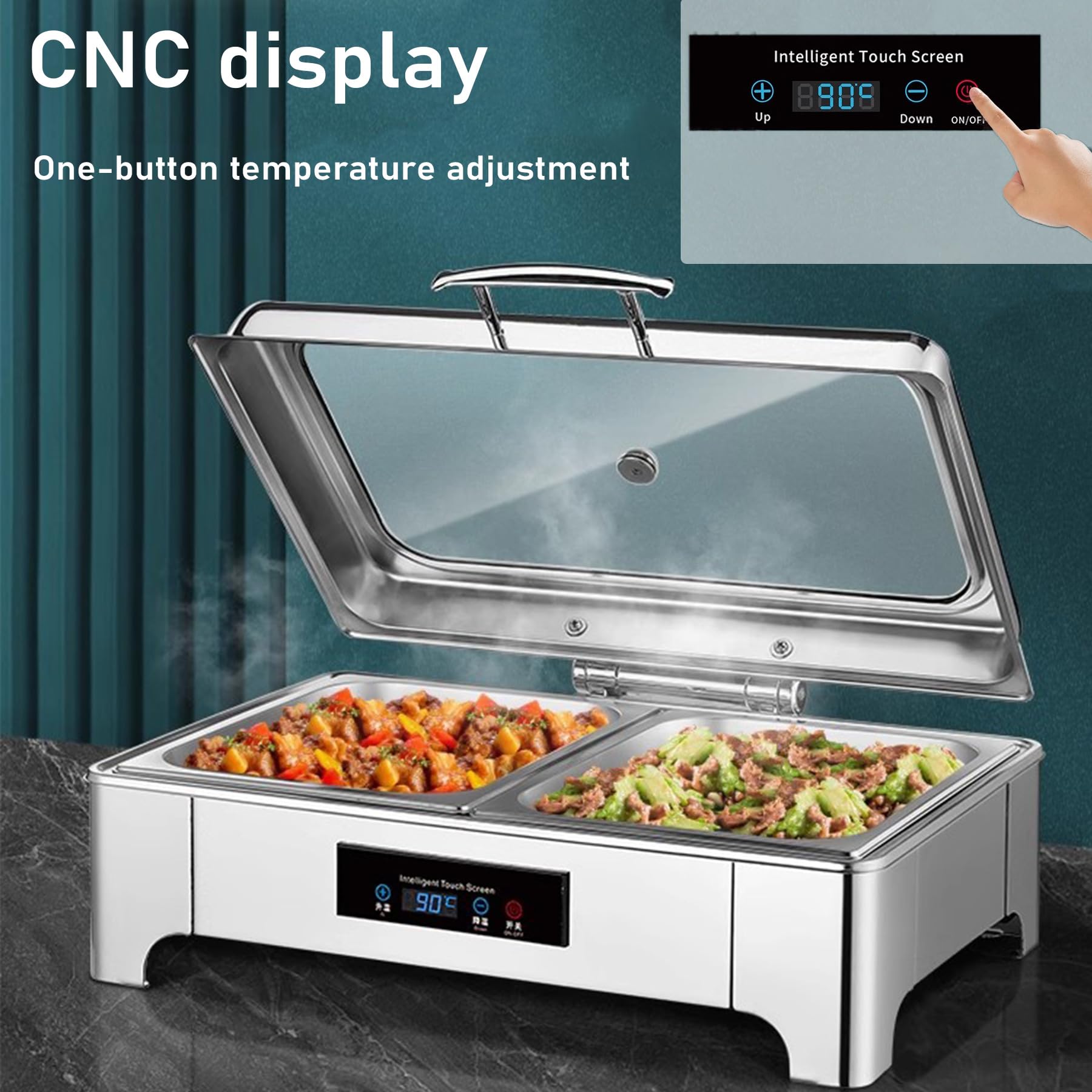 Chafing Dish Elettrico, 9L Scaldavivande Elettrico per Buffet con Controllo Touch Screen e Coperchio in Vetro, Contenitore Scalda Cibo Professionale per Buffet, Feste e Banchetti (GN1/3)