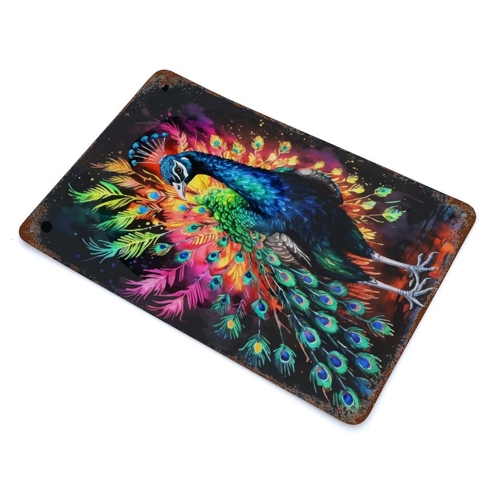 Garage Style Peacock Watercolor Art Rusty Metal Tin Sign 11.8"x7.9", Industrial Home Decor for Bar And Workshop