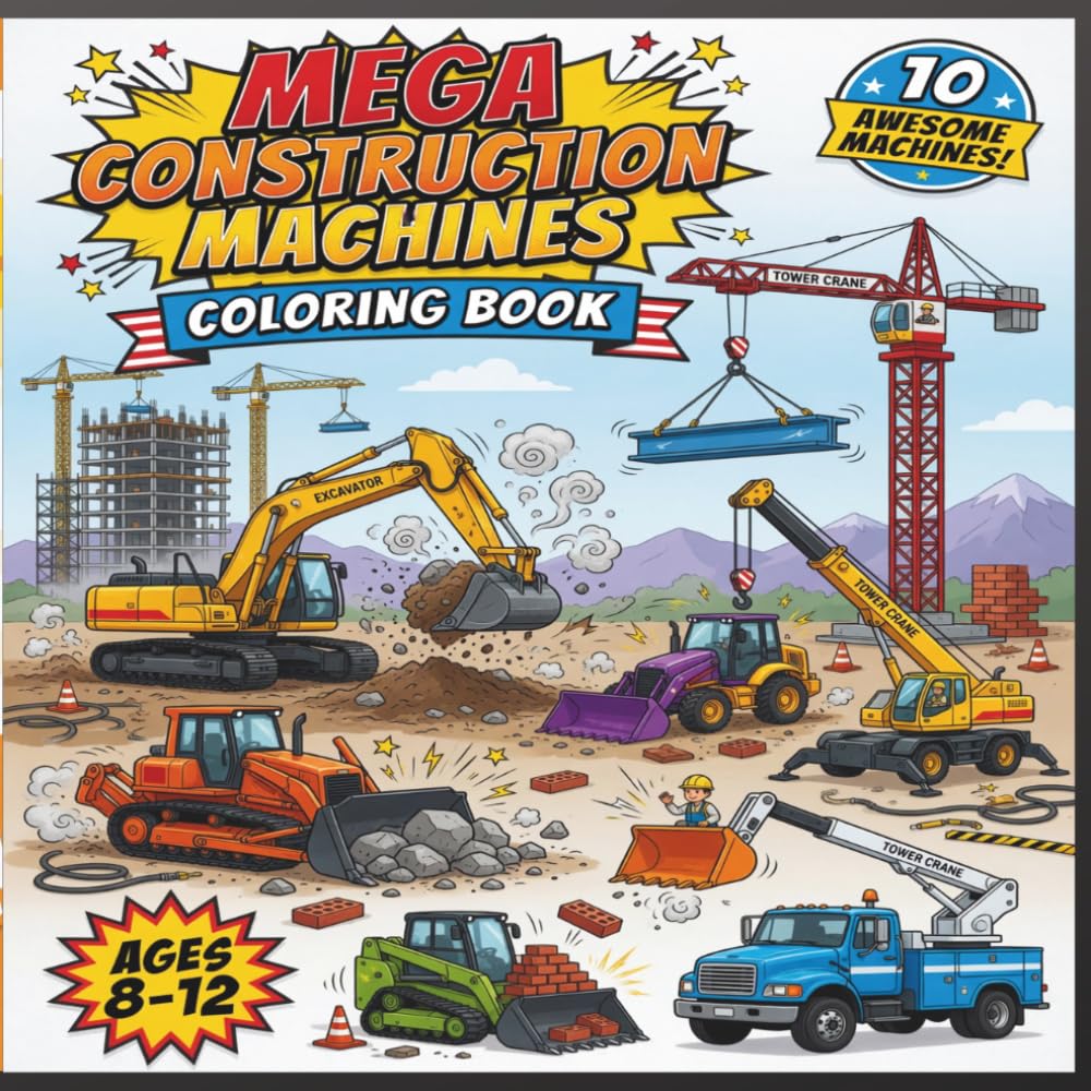 Mega Construction Machines Coloring Book: 10 Awesome Heavy Equipment Machines for Kids Ages 8–12 | Excavator, Bulldozer, Crane, Backhoe, Forklift, Trencher & More