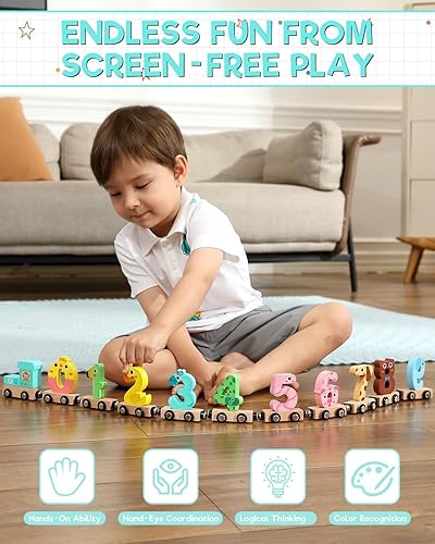 Miniatura 5 de Juguetes para niños pequeños, 11 piezas de trenes de animales de conexión magnética, juego de tren de madera STEM desmontable, juguete educativo