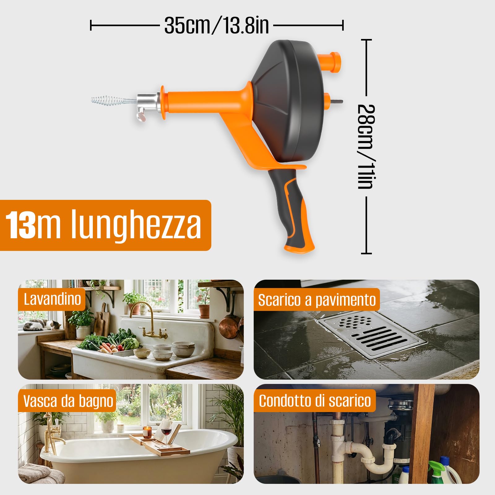 Spirale per la pulizia dei tubi, 13 m, a spirale, con inserto per trapano e guanti impermeabili, per una pulizia dei tubi ecologica, per cucina, lavandino, vasca da bagno