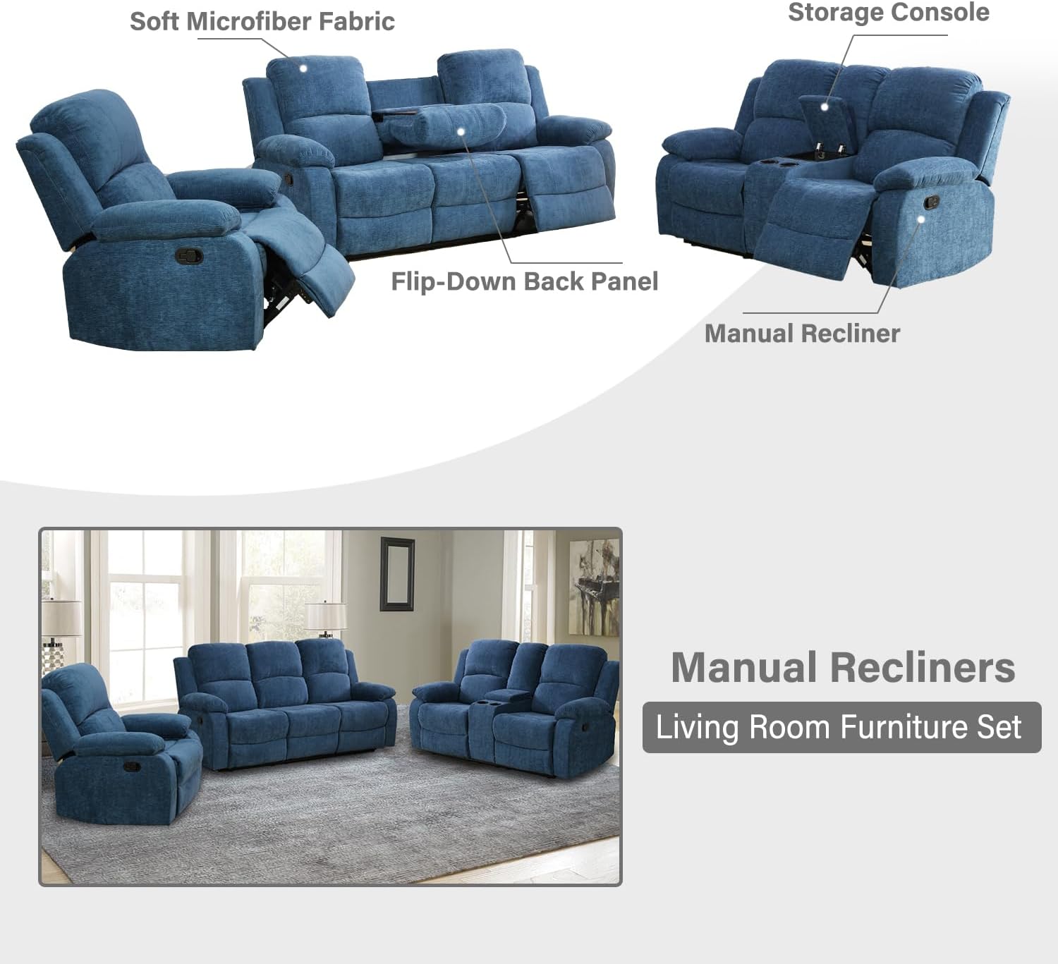 Manual Recliner Chair, Reclining Chair, Blue Recliner Armchair for Living Room