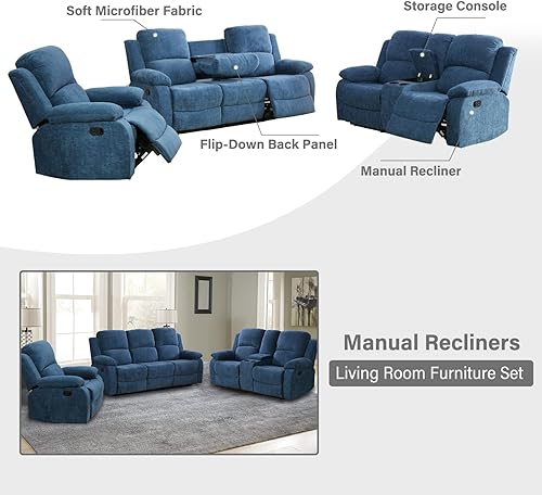 Miniatura 5 de Juego de sofá reclinable manual, 2 piezas, sofá reclinable de franela azul para sala de estar