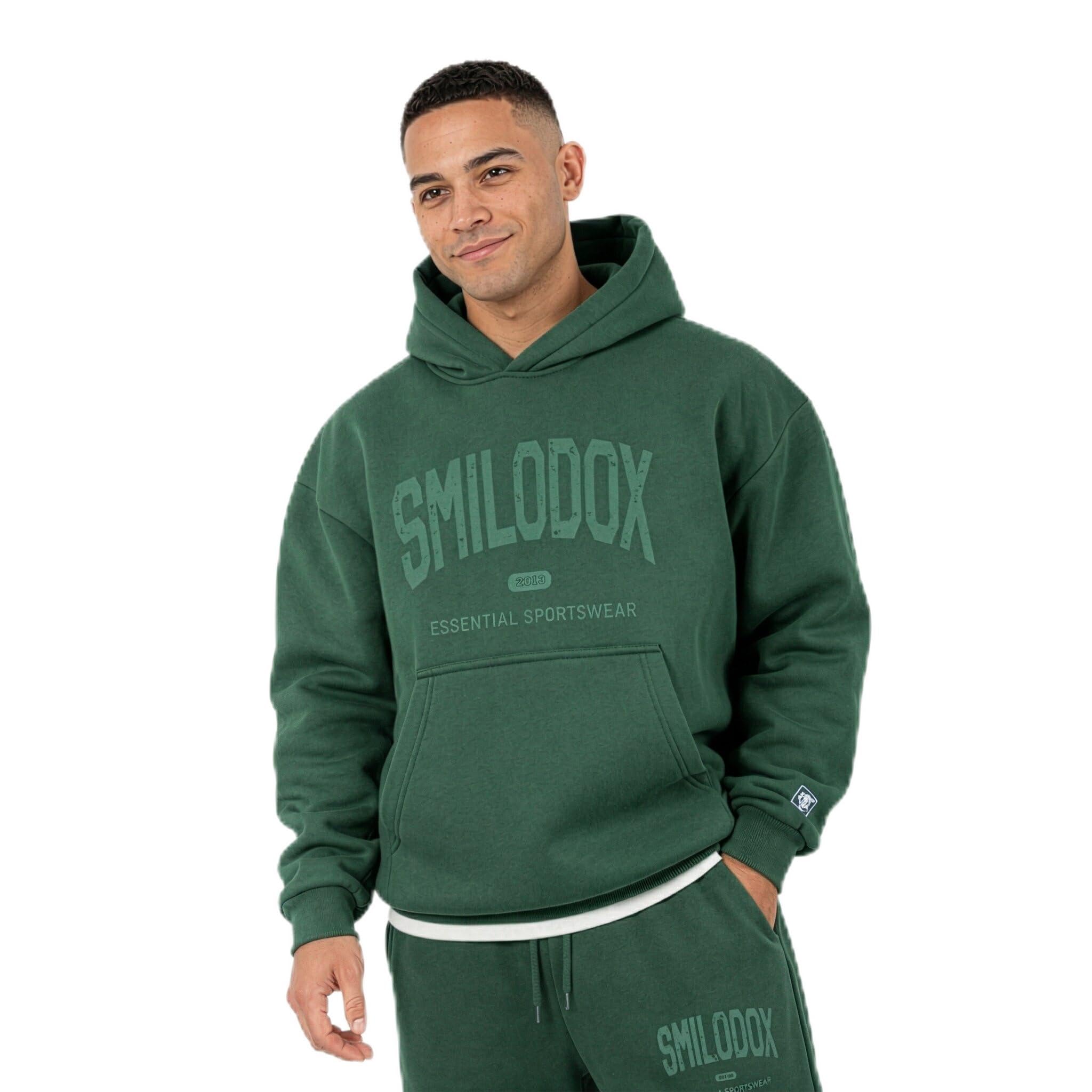 SMILODOX Hoodie Herren Oswin, Oversized Fit Kapuzenpullover mit Frontprint & gesticktem Patch, Tunnelzug-Kapuze, Sweater mit Kängurutasche, Rippbündchen, weiches Sweatmaterial, lässiger Look