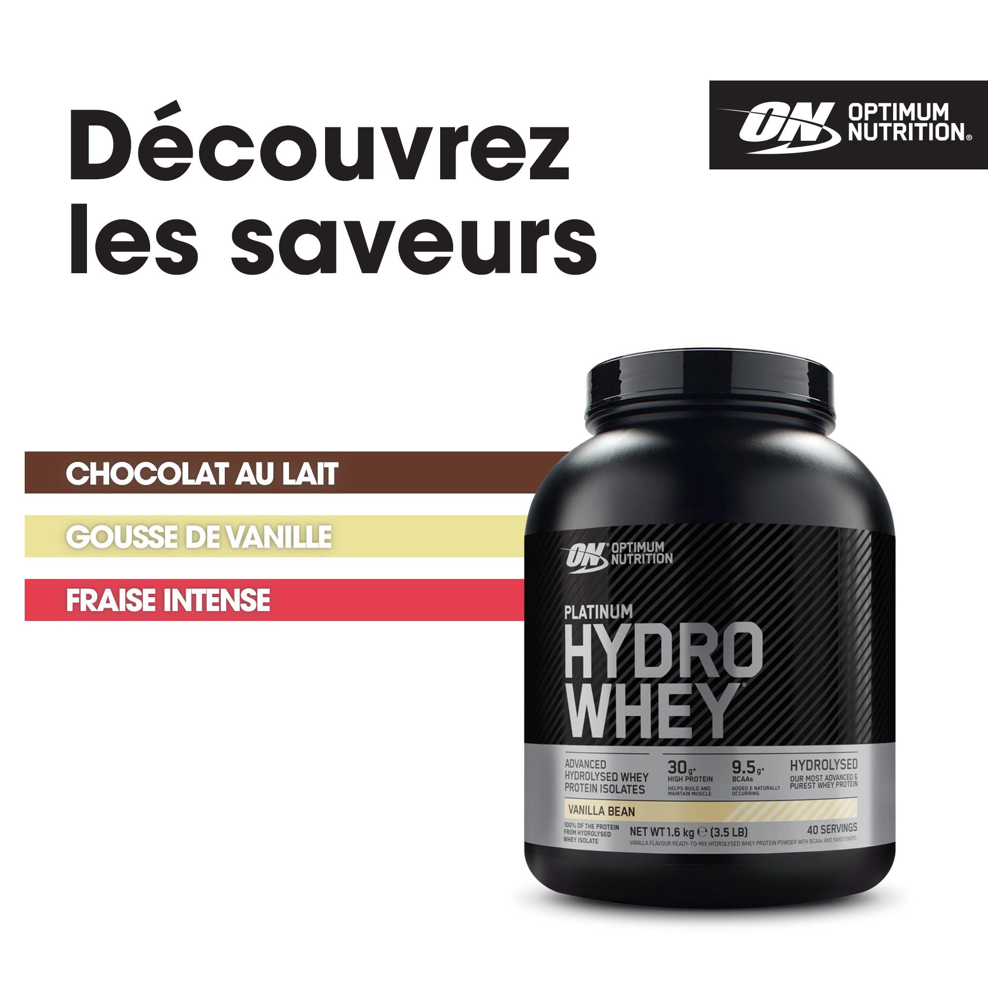 Optimum Nutrition Platinum Hydro Whey, Isolat de whey protéine hydrolysée en poudre avec acides aminés essentiels, glutamine et BCAA, goût Gousse de vanille, 40 portions, 1,6 kg