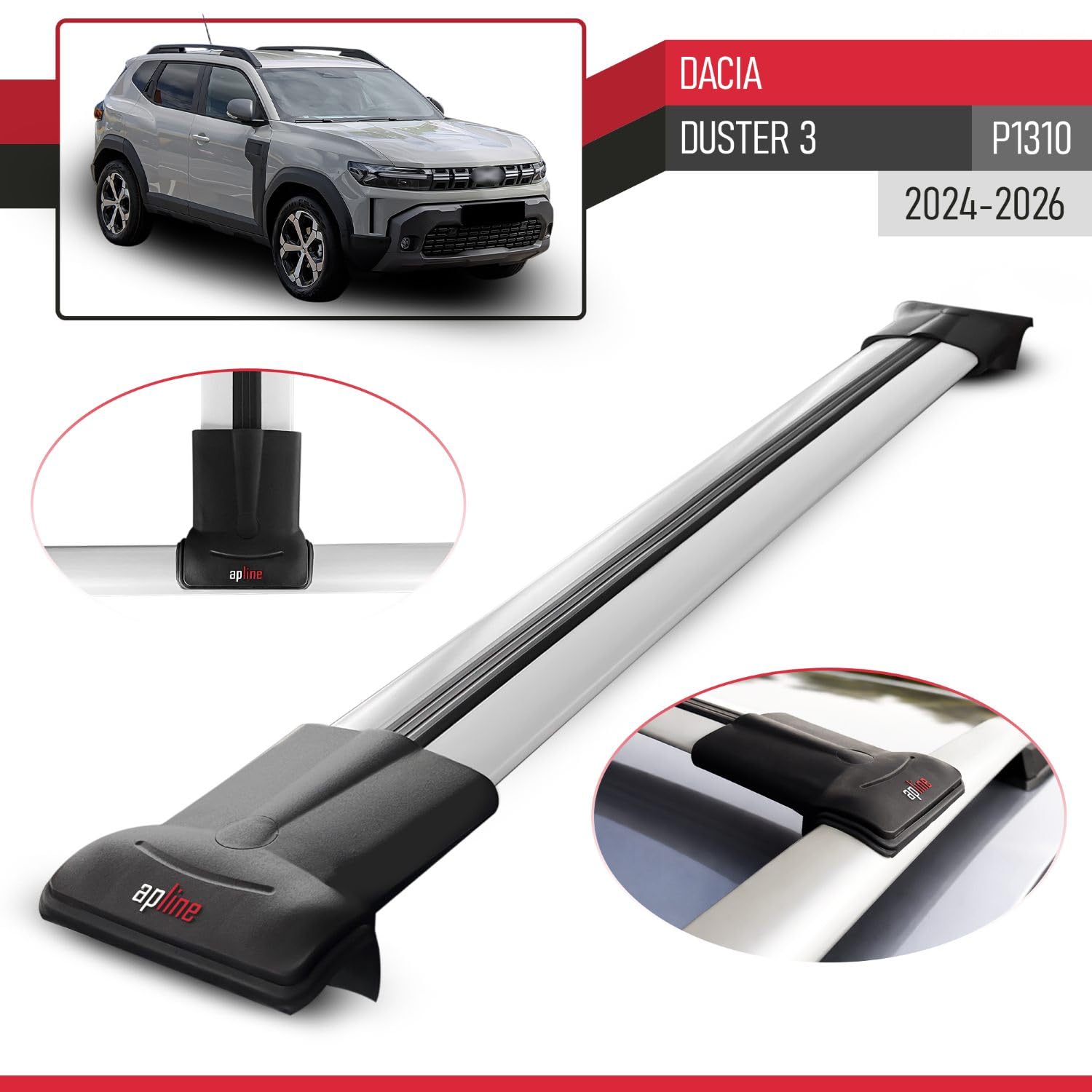 Kompatybilny z Dacia Duster 3 (P1310) 2024-2025 Fly Model bagażnik dachowy/reling, bagażnik na dach, bagażnik na samochód, szary, aluminium, 2 pręty