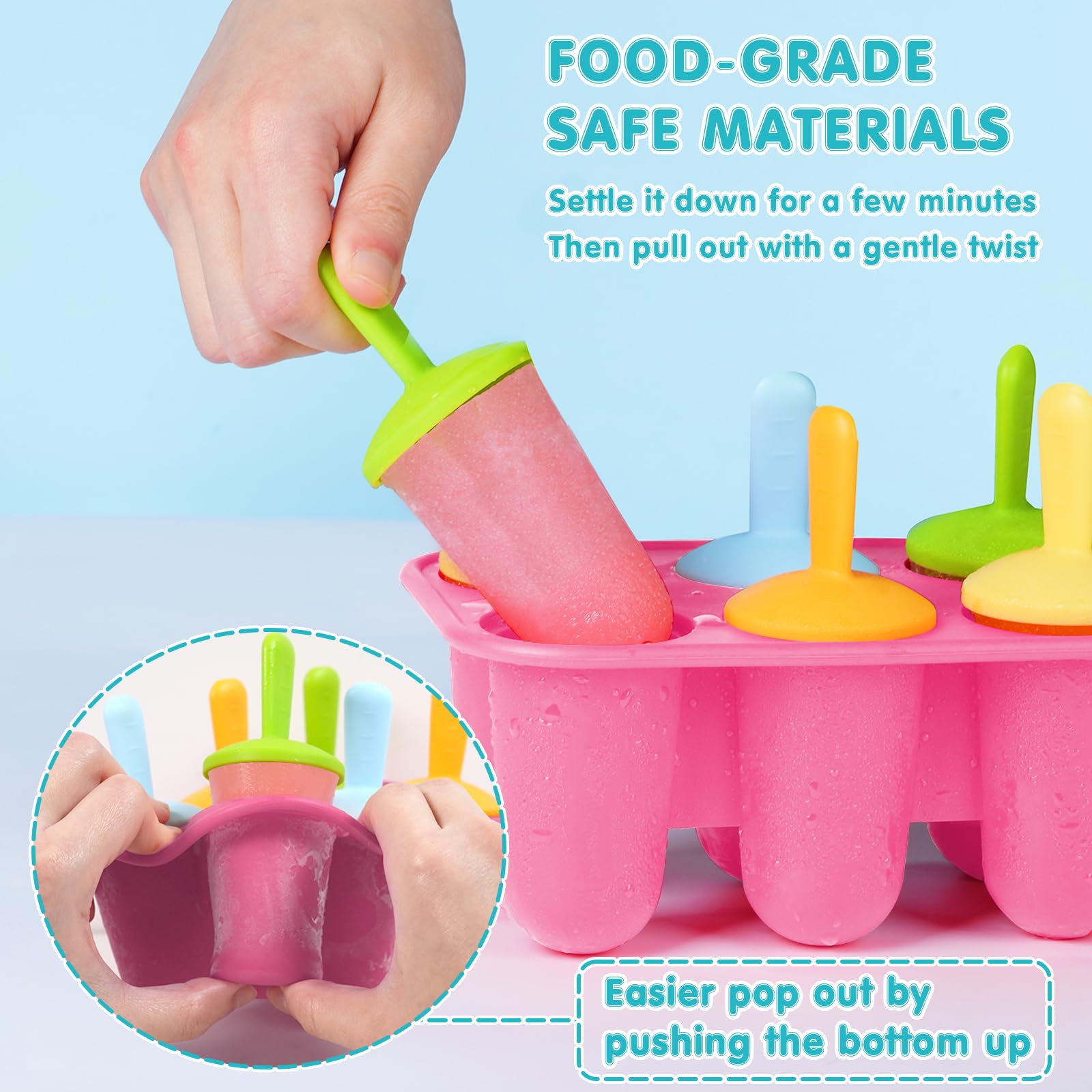 Moldes de silicona para paletas pequeñas de 8 cavidades sin BPA de alta calidad, molde para paletas pequeñas, molde para paletas de hielo con 8 palos reutilizables coloridos para niños (rosa) 3