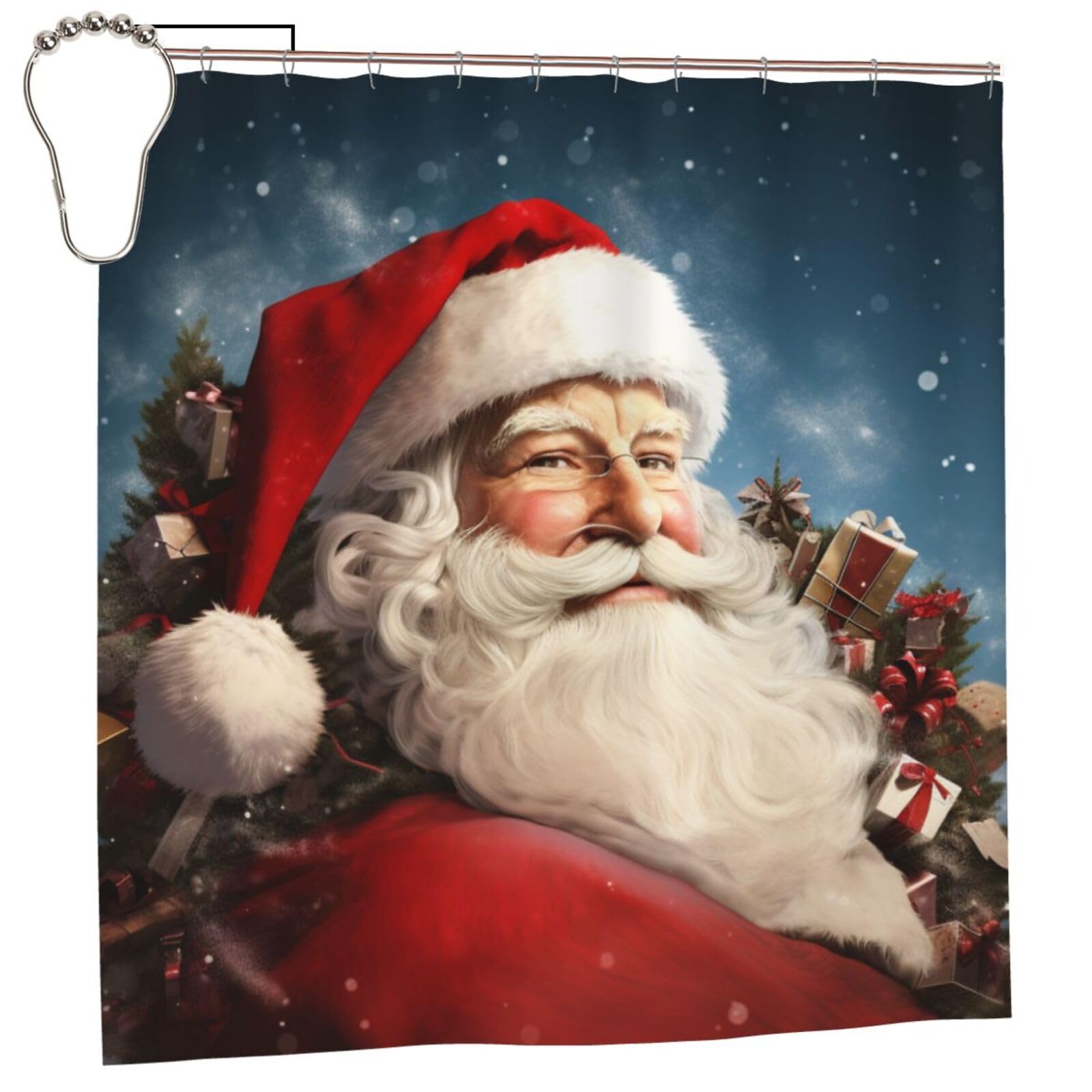 BWWHCCTI Santa Clause Printed Shower Curtain With 12 Iron Hooks Opaque Quick Drying Waterproof Shower Curtains Sets For Bathroom 183x183 CM
