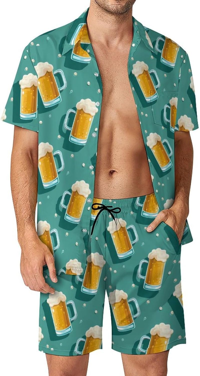 Beer Mugs Men's Summer Beach Outfits Shirt And Shorts Set 2 Piece Vacation Swimwear