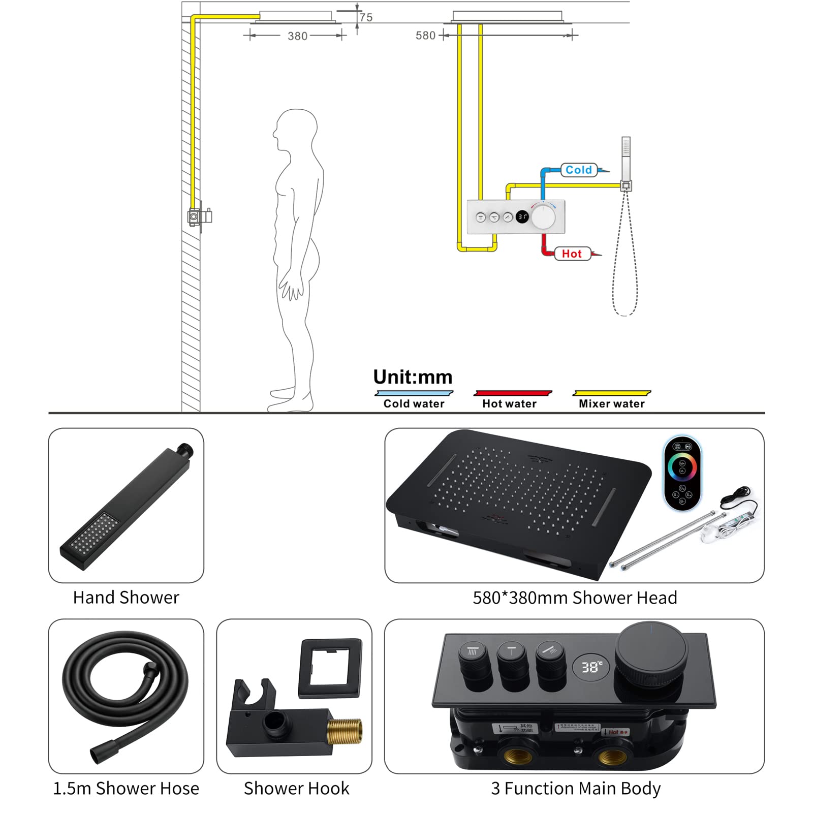 Set doccia con miscelatore termostatico a pioggia con display digitale a LED, soffione doccia con soffione a pioggia da 580 x 380 mm, doccetta portatile, telecomando