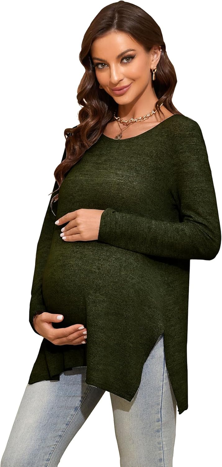 Smallshow Women's Maternity Shirts Side Split Long Sleeve Pregnancy Tops Clothes