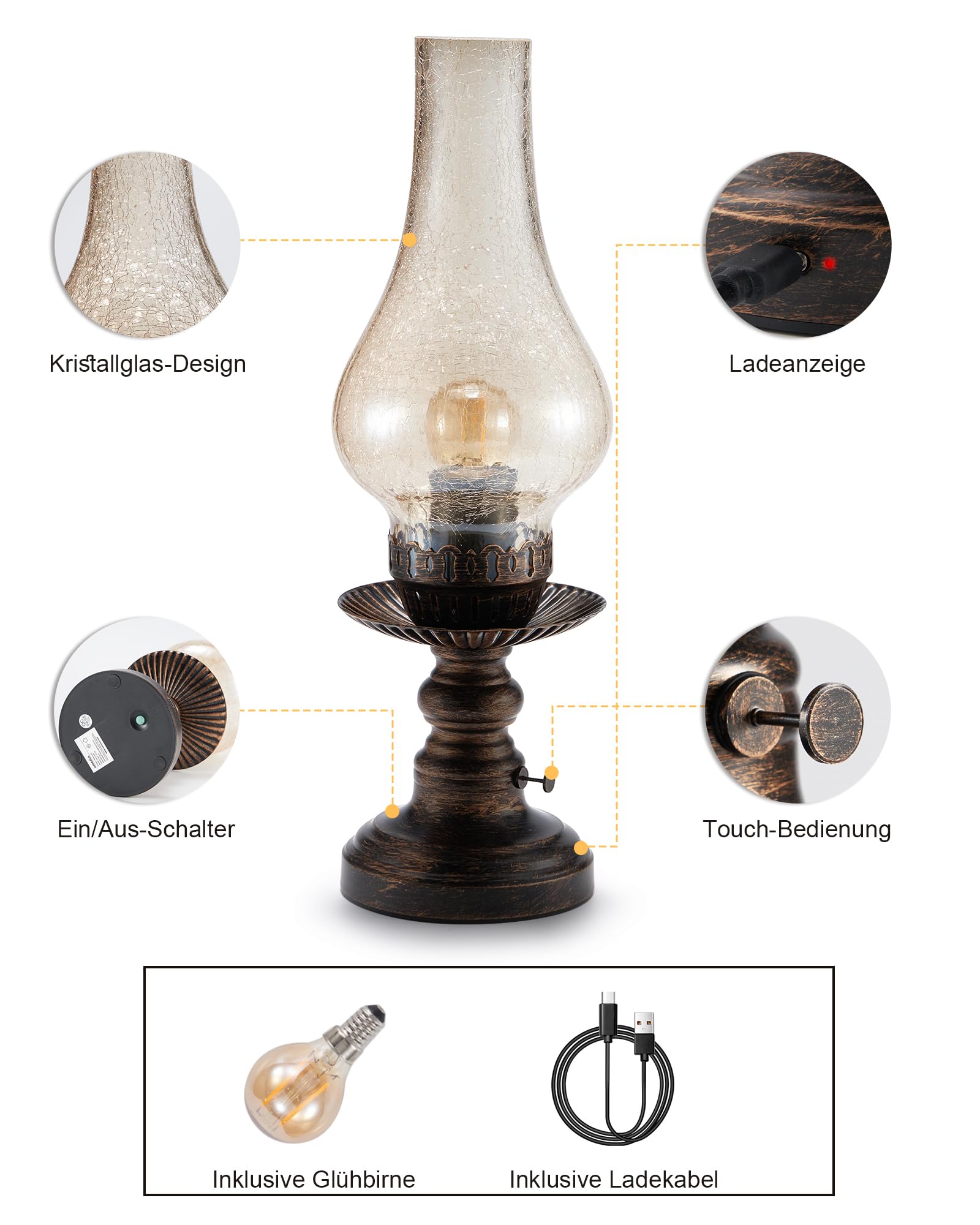 Kabellos Tischlampe Vintage Tischleuchte Ohne Kabel Akku Aufladbar | Touch Dimmbar, LED Keine Glas Lampe, Retro Antik Nachttischlampe Schlafzimmer Wohnzimmer Fensterbank Landhaus Deko