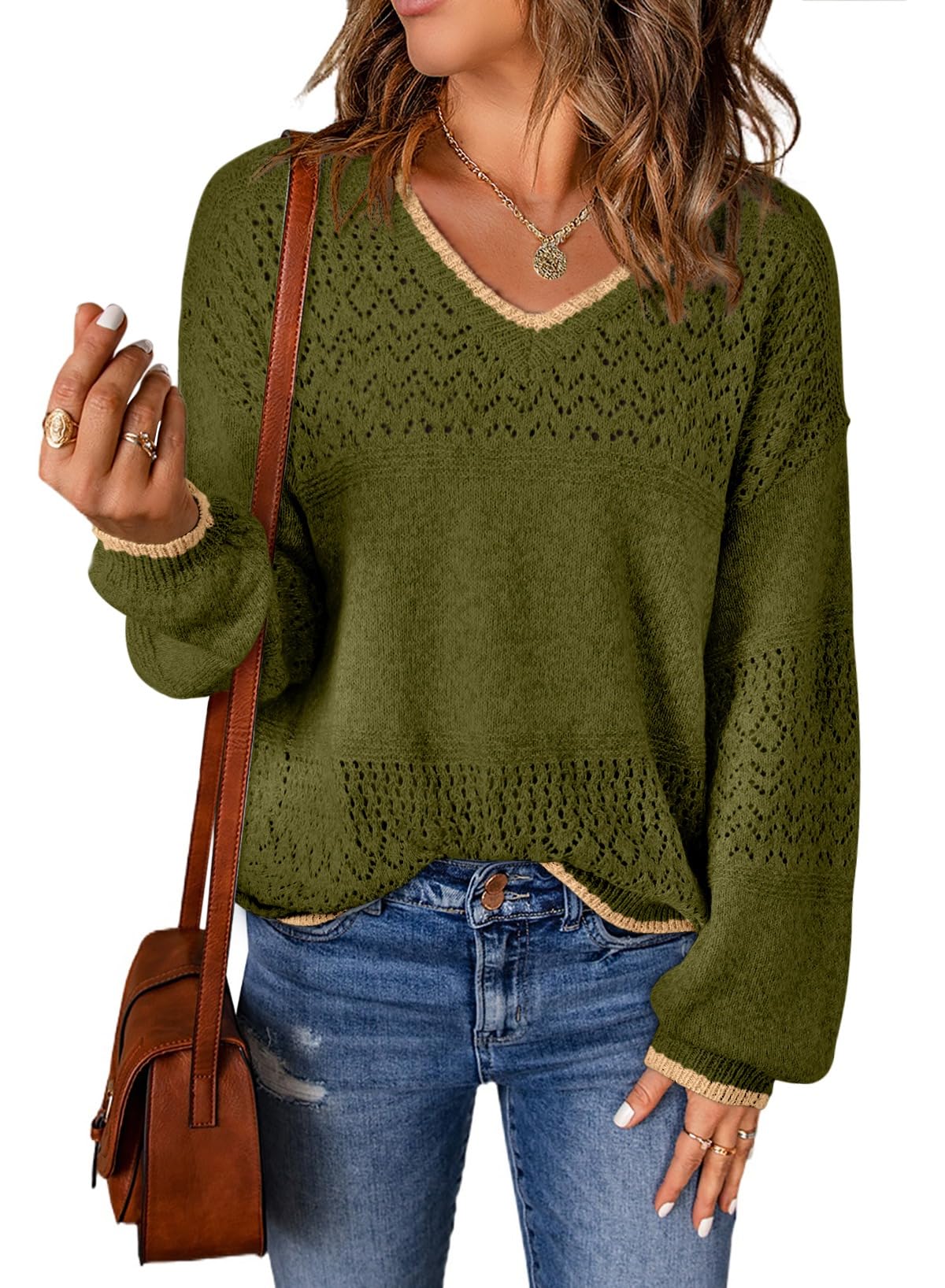 SHEWIN Women's Sweaters Casual Long Sleeve V Neck Crewneck Lightweight Crochet Pullover Sweater Tops